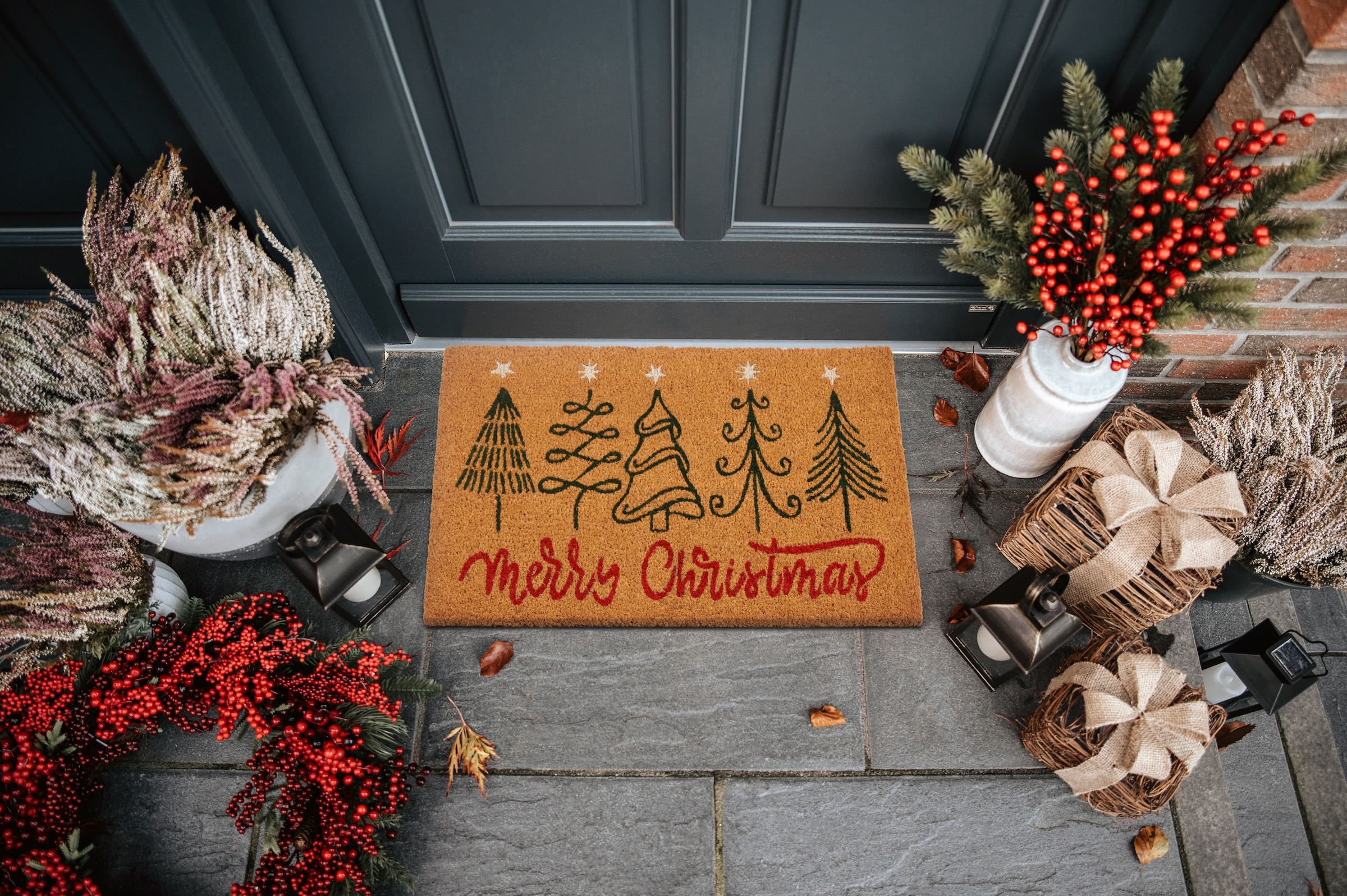 HANSE Home Fussmatte »Kokos Five Christmas Trees, Türmatte«, rechteckig, 15 mm Höhe, Schmutzfangmatte, Rutschfest, Outdoor, Weihnachten, Kokosmatte, Flur