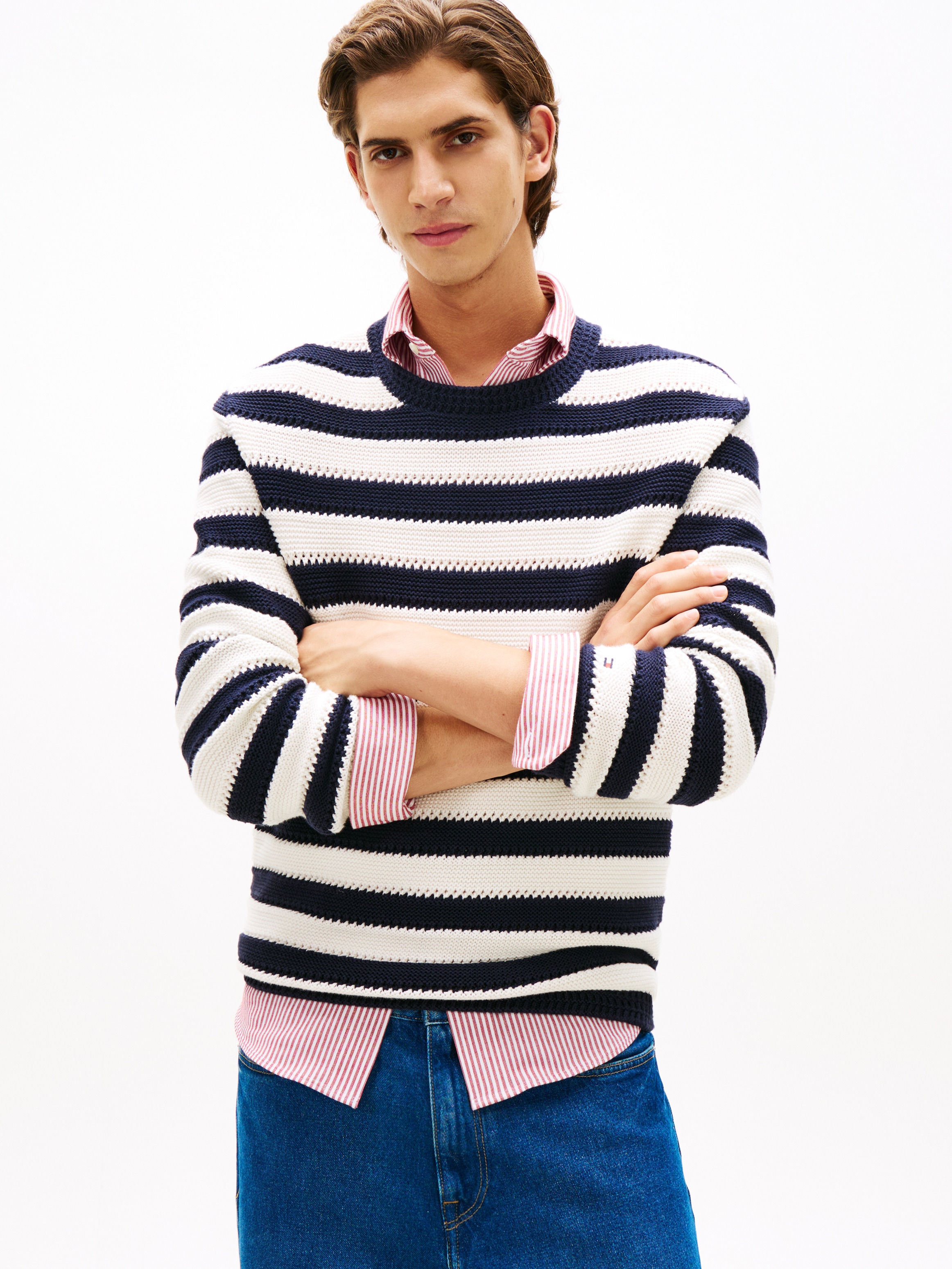 Image of Tommy Hilfiger Rundhalspullover "CROCHET BLOCK STRIPE CREW NECK" Gestreifter Relaxed Fit Häkelpullover