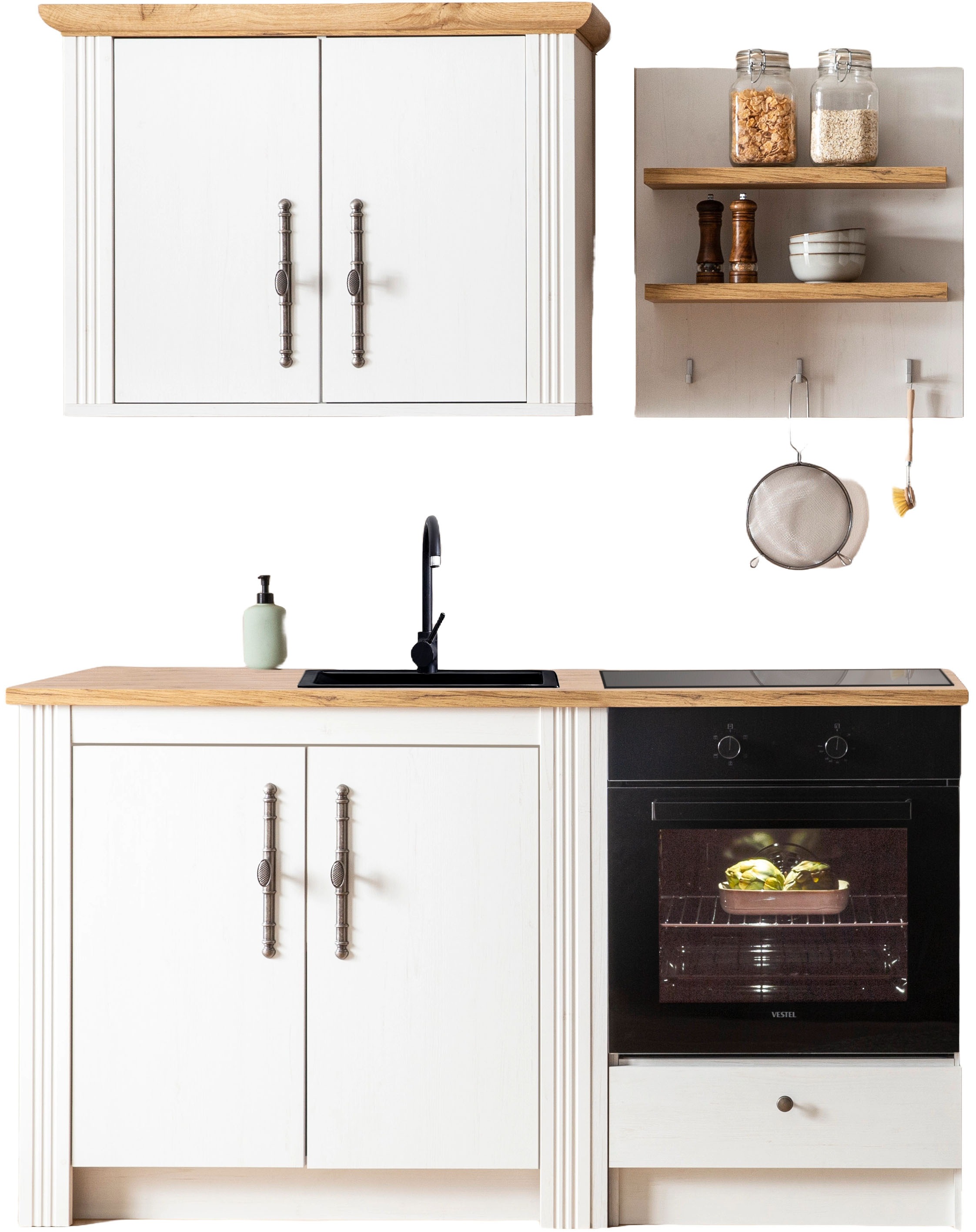 Image of GOODproduct Küchenzeile "KS-Westminster, Pantryküche im Landhaus Stil, hochwertige Metallgriffe" Set, Breite 164 cm, Kommode, Wandpaneel, Hängeschrank und Herdumbau