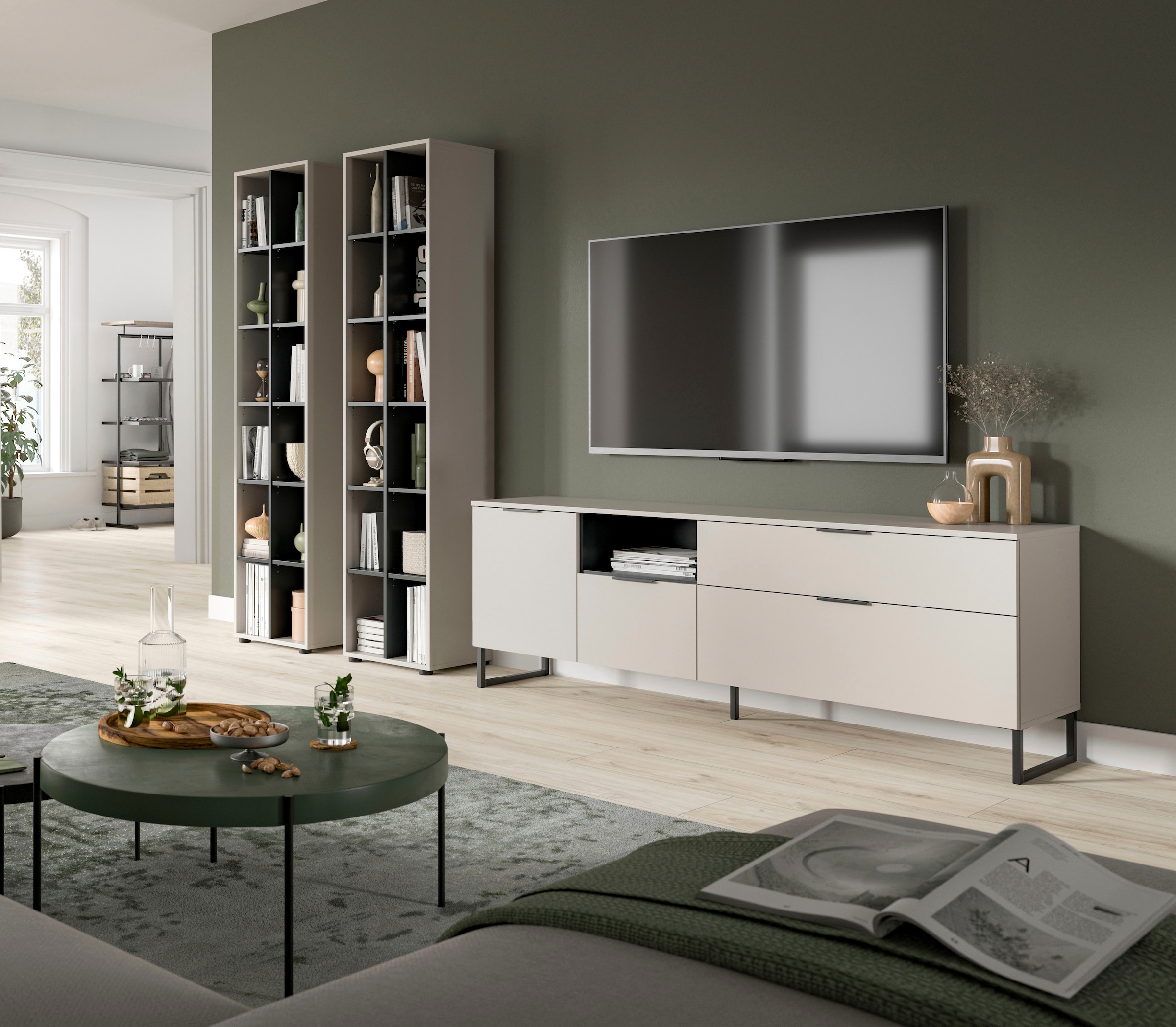 Home affaire Wohnwand »ADIO, Breite 305 cm, 3-teiliges Set, mit Metall-Kufenfüsse« Set, bestehend aus: 2x Standregal und Lowboard, 3 Stk. tlg.