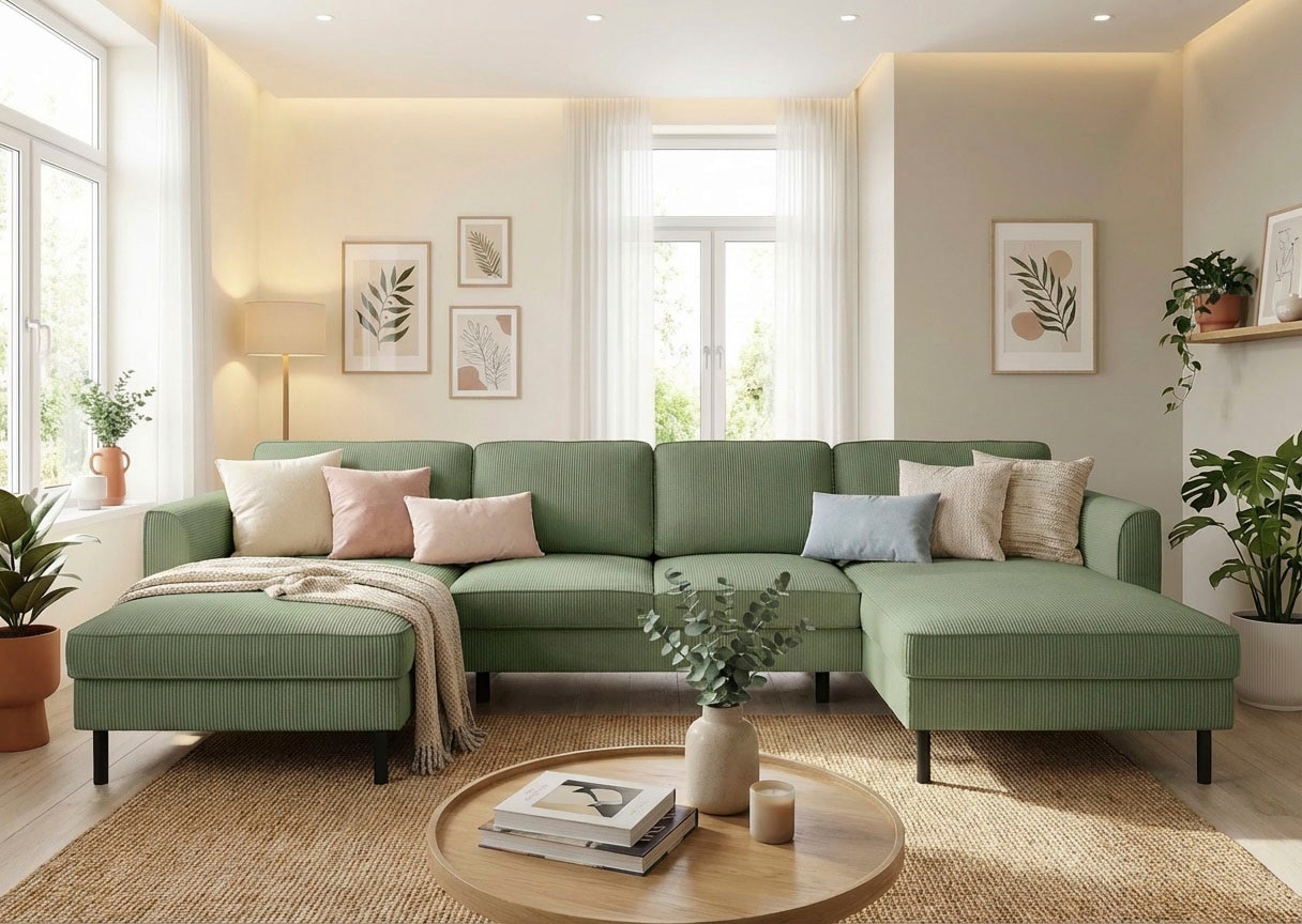 Image of Home affaire Wohnlandschaft "Booster II, whlw. mit Schlaffunktion & Bettkasten, Fuss schwarz" Sofa in U-Form, Breite 305 cm, in Cord oder Struktur LEO o. LINO