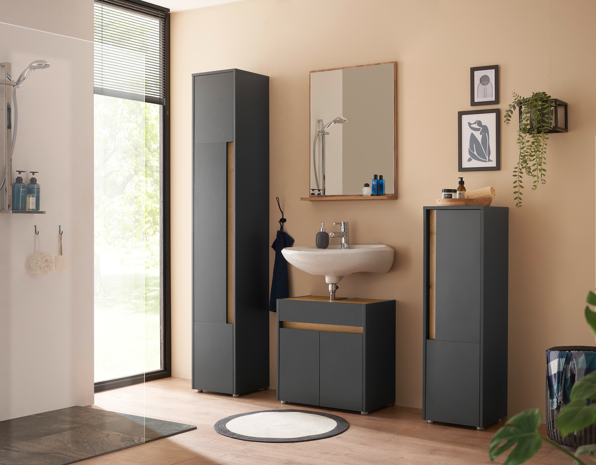 INOSIGN Waschbeckenunterschrank »CITY/GIRON, Waschtisch mit Griffmulde, Badschrank in zeitlosem Design«, in den Farben Weiss und Anthrazit verfügbar, viel Stauraum