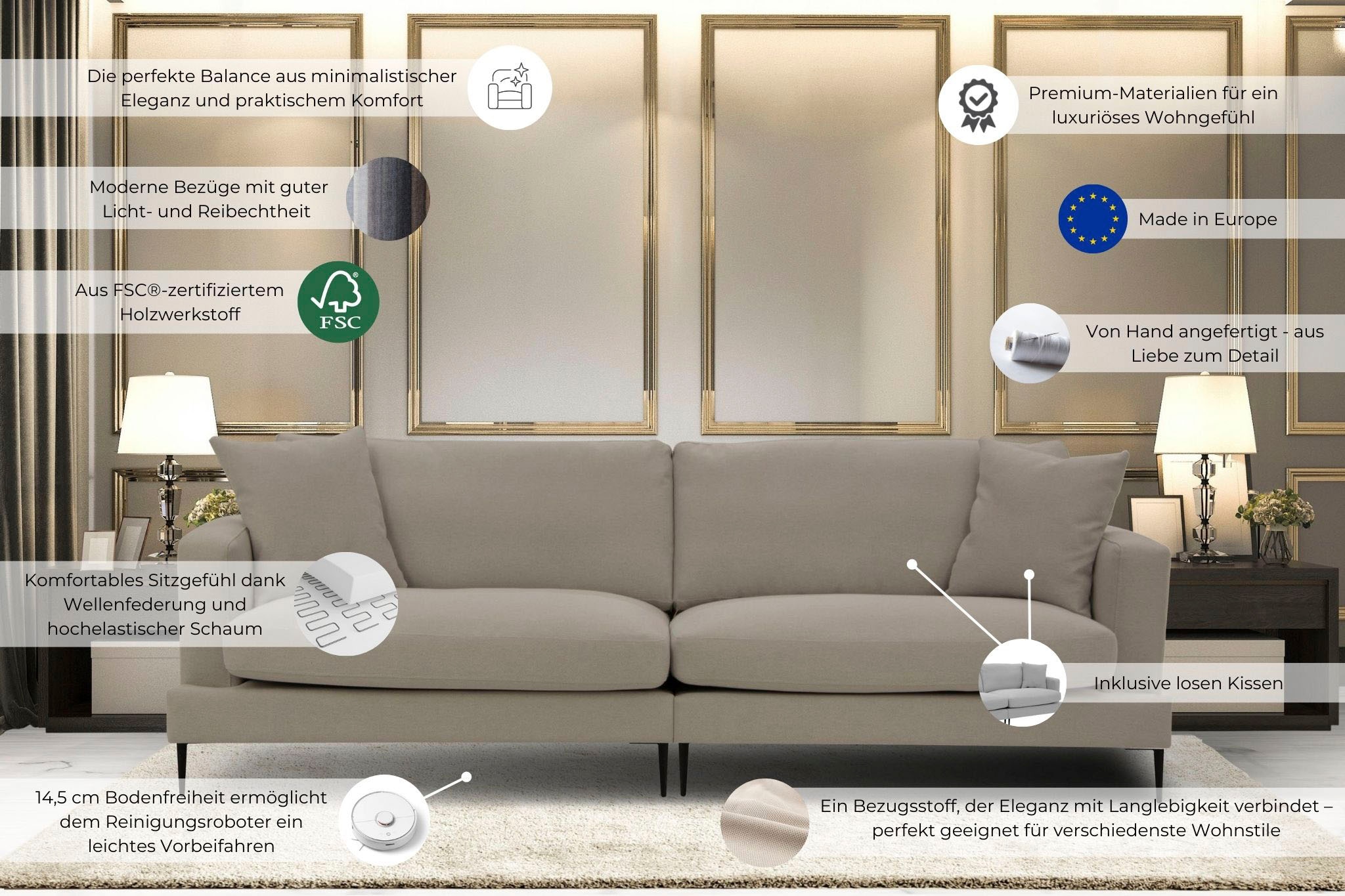 Leonique Big-Sofa »Cozy elegantes Designsofa, Masse B/T/H: 252/97/80 cm«, mit losen Kissen und Metallbeinen