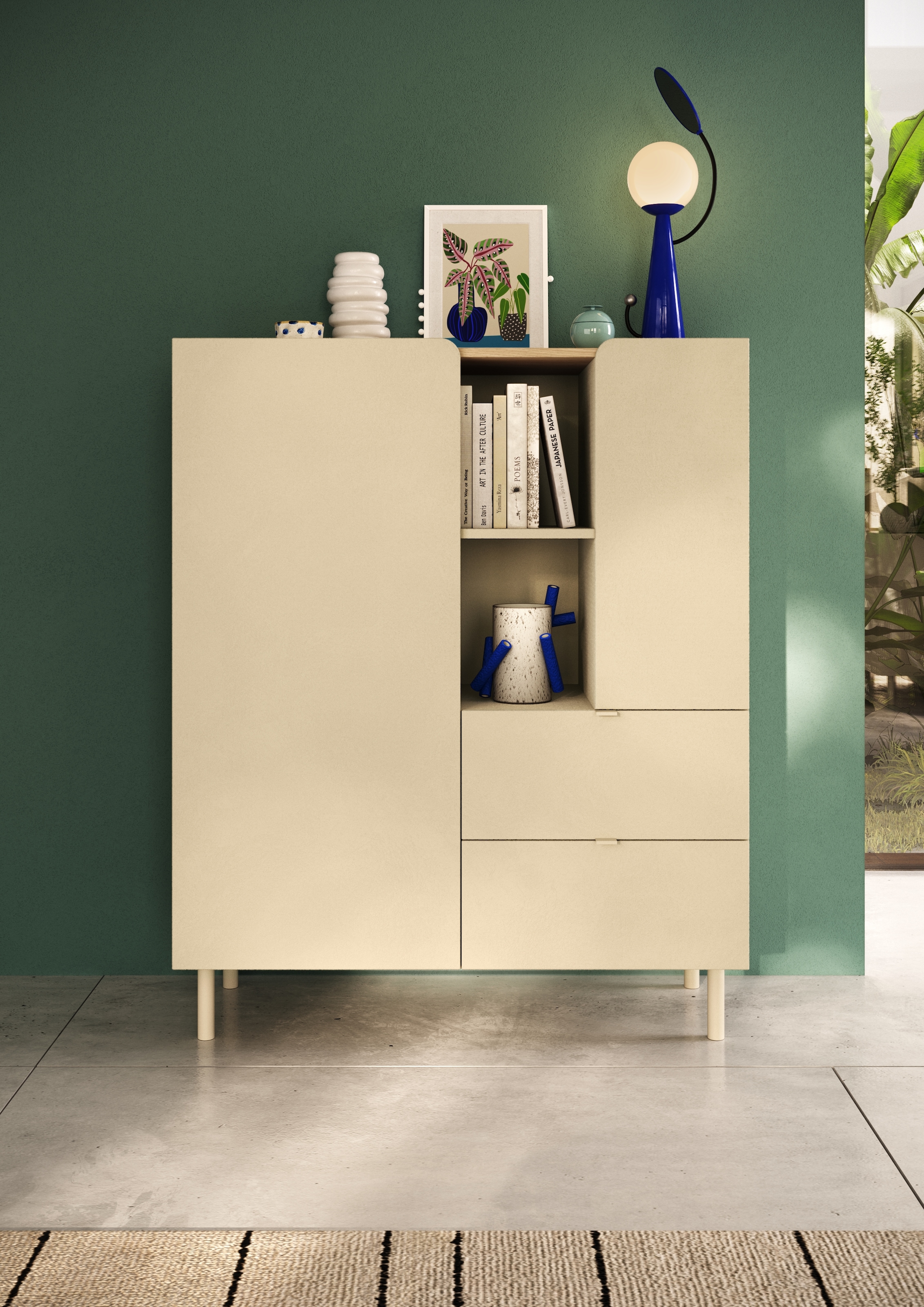 GOODproduct Highboard »Dobbiaco, B/H 101/124 cm, 2 Türen, 2 Schubkästen, Stauraumschrank« Innenliegendes Top, gerade Metallfüsse, Tür mit Rundung