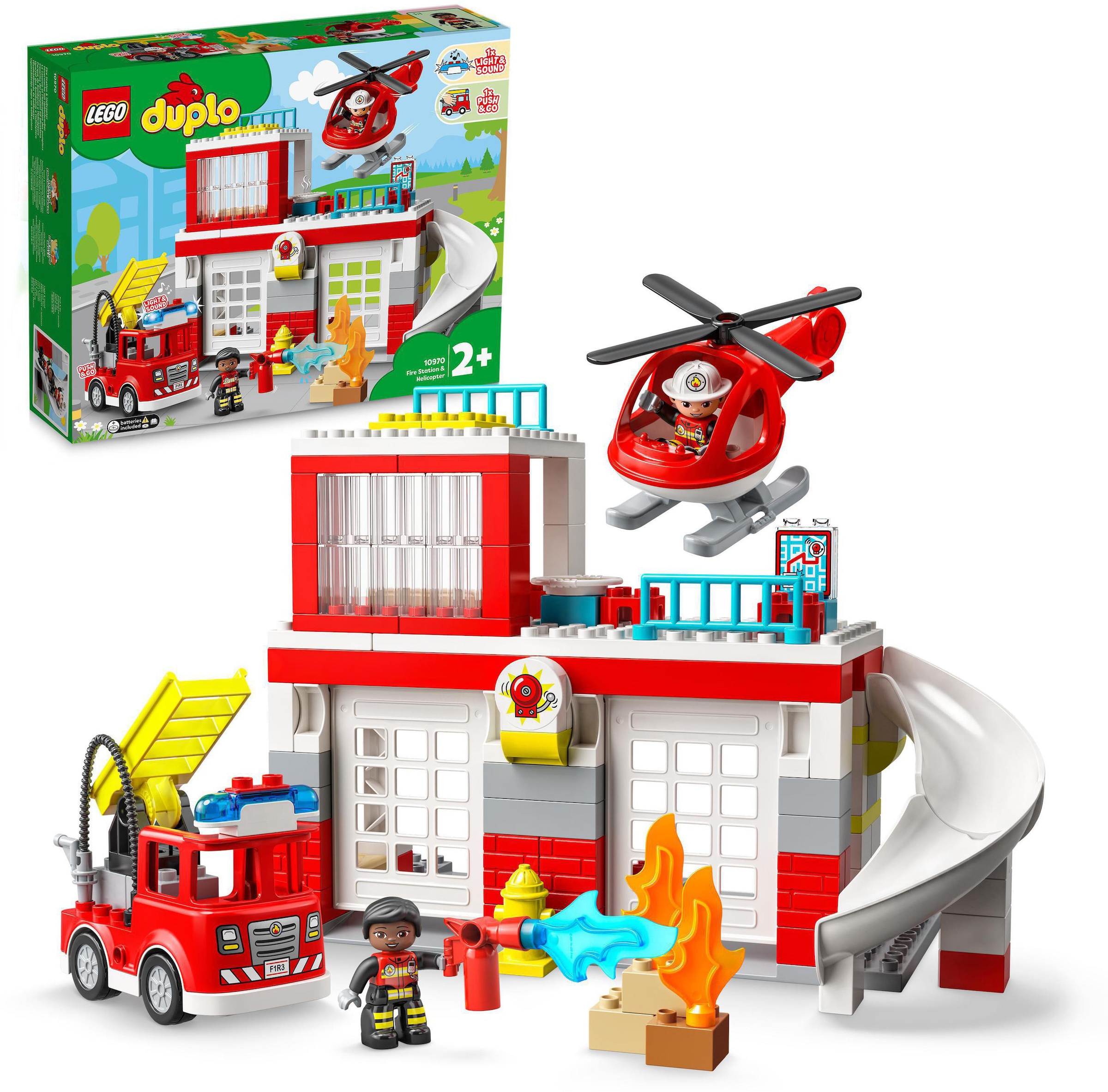 auf und LEGO® Licht; LEGO® »Feuerwehrwache Konstruktionsspielsteine (10970), (117 versandkostenfrei ♕ St.), Europe mit in mit DUPLO«, Sirenen Made Hubschrauber