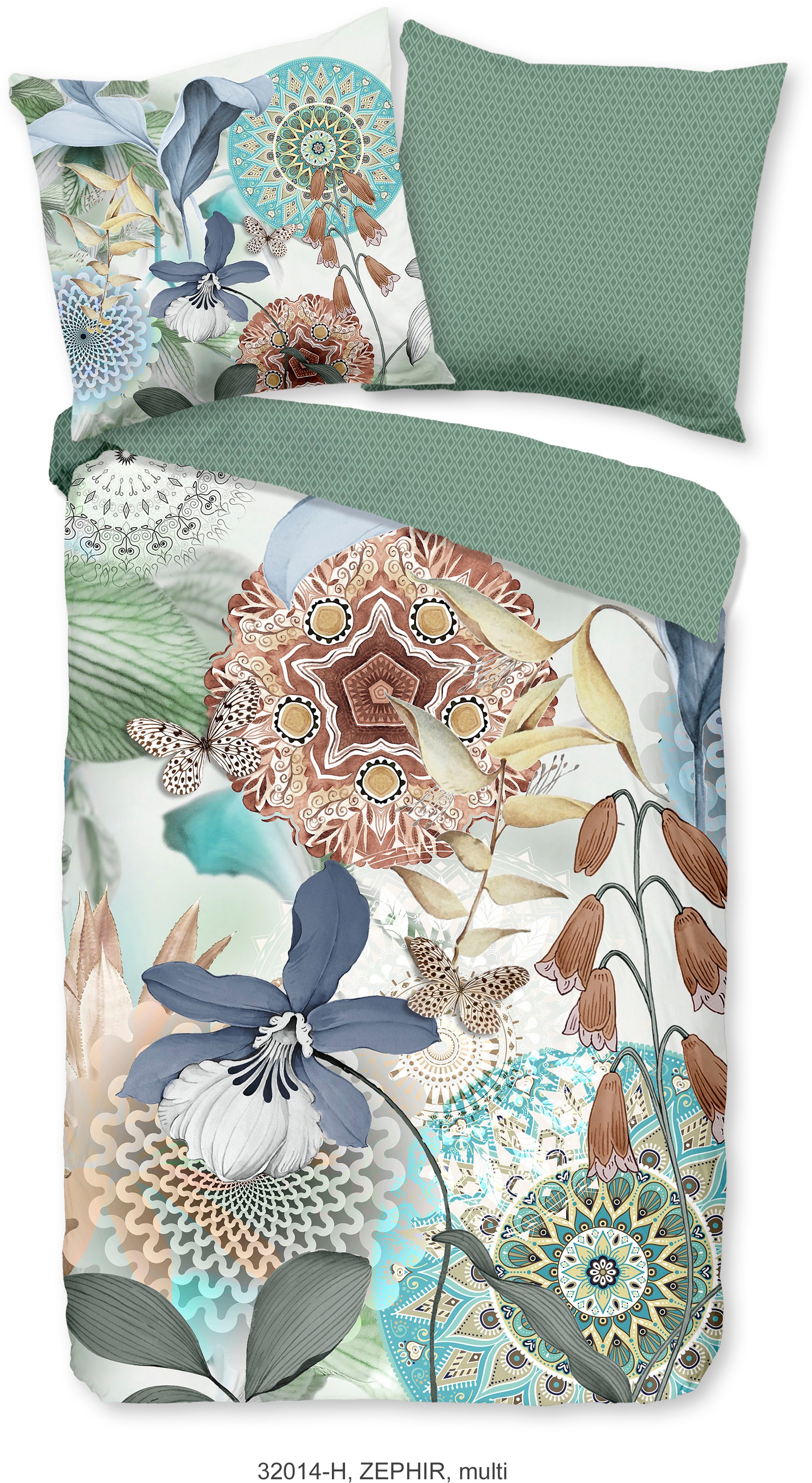 hip Wendebettwäsche »ZEPHIR«, Mako-Satin, 135x200, Reissverschluss, Wendeoptik, Mandala, Blumen, Grün