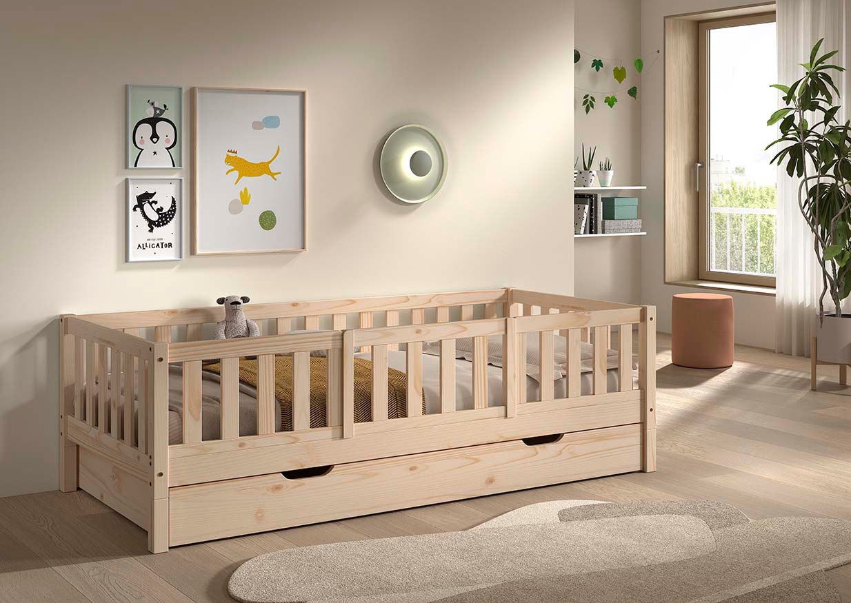 Vipack Daybett »Dallas Massiv Bett mit Rausfallschutz umbaubar vom Boden- zum Daybett« mit Bettschublade, wahlweise Kiefer massiv natur oder weiss