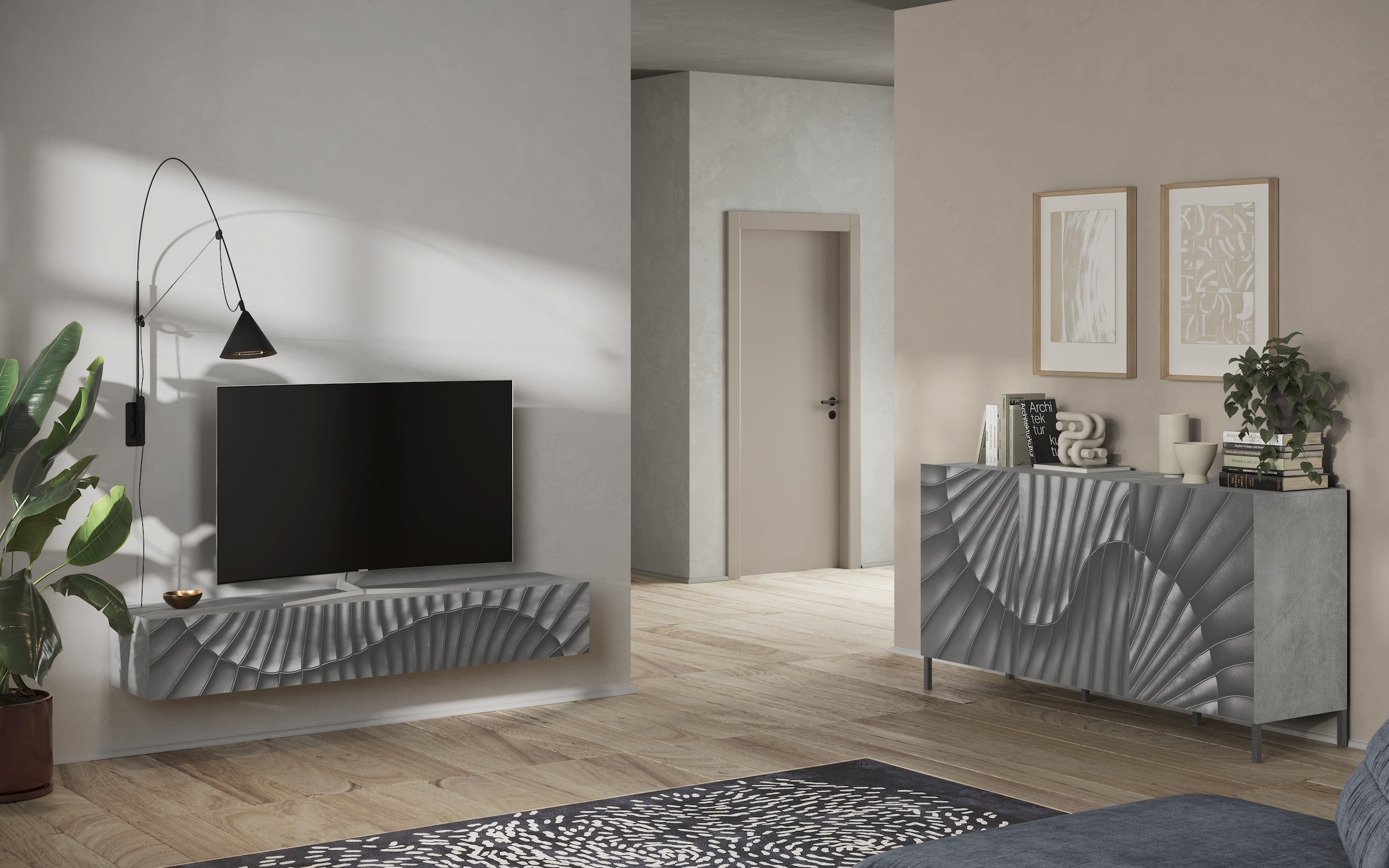 INOSIGN Sideboard »Snake Breite 181 cm, moderne Kommode mit 3 Türen«, Anrichte mit viel Stauraum, Front mit besonderem Siebdruck