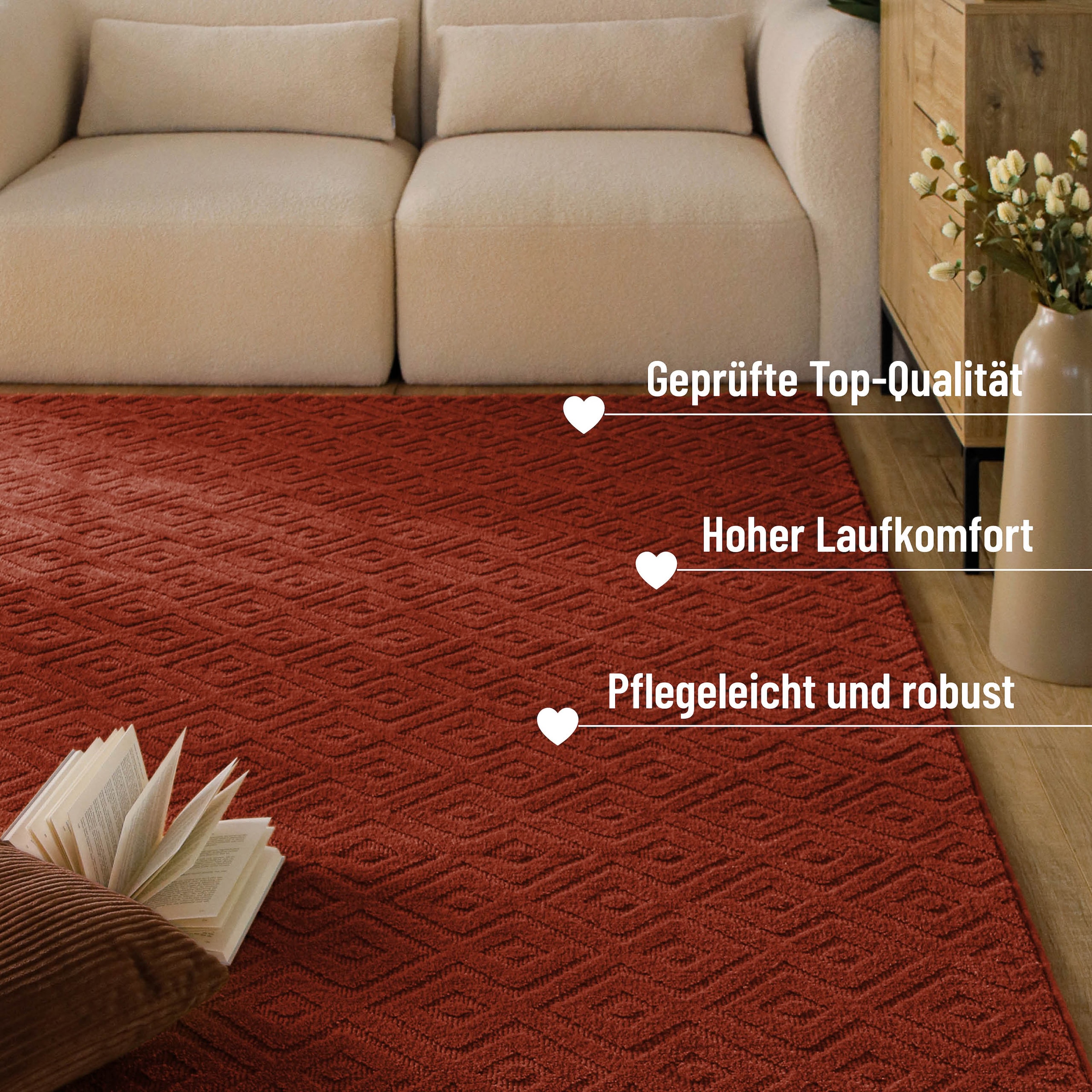 Wecon home Tapis »Castello TWO« Rectangulaire 7 mm Höhe Schurwolle, Kurzflor mit Hoch-Tief-Effekt, Wohnzimmer, Rautenmuster