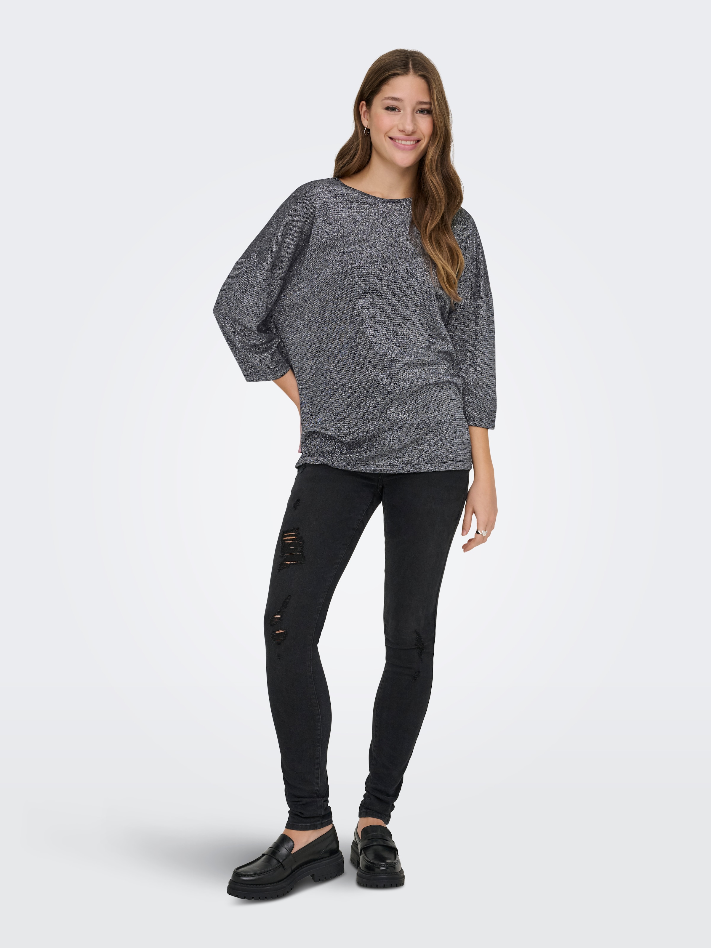ONLY T-shirt à manches 3/4 »ONLSILVERY GLAMOUR LUREX 3/4 TOP JRS« mit Glitzer-Effekt