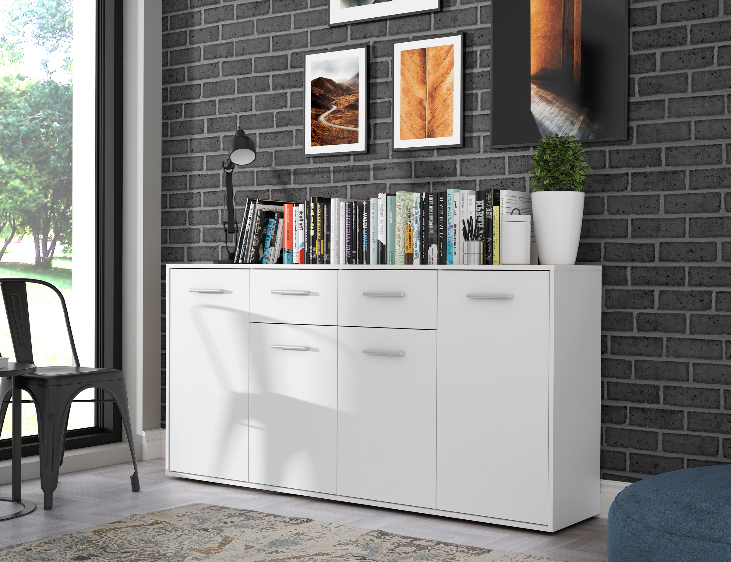 Buffet bas 4 portes et 2 tiroirs - Blanc mat - 162,3 x 34,2 x 88,1 cm