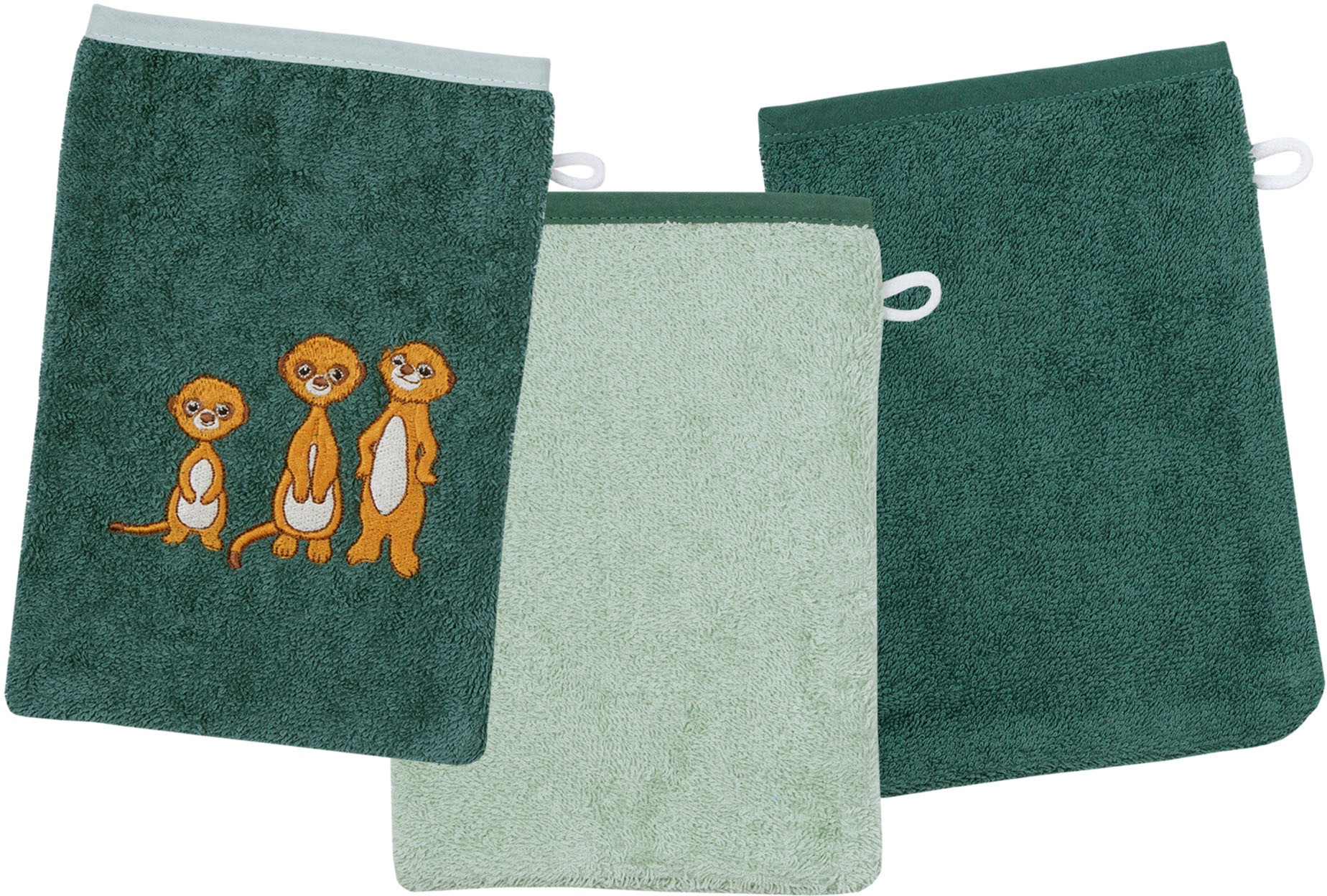 Image of Wörner Waschhandschuh "Erdmännchen Waschhandschuh 3er Set" 1x Stickerei Erdmännchen, 2x unifarben