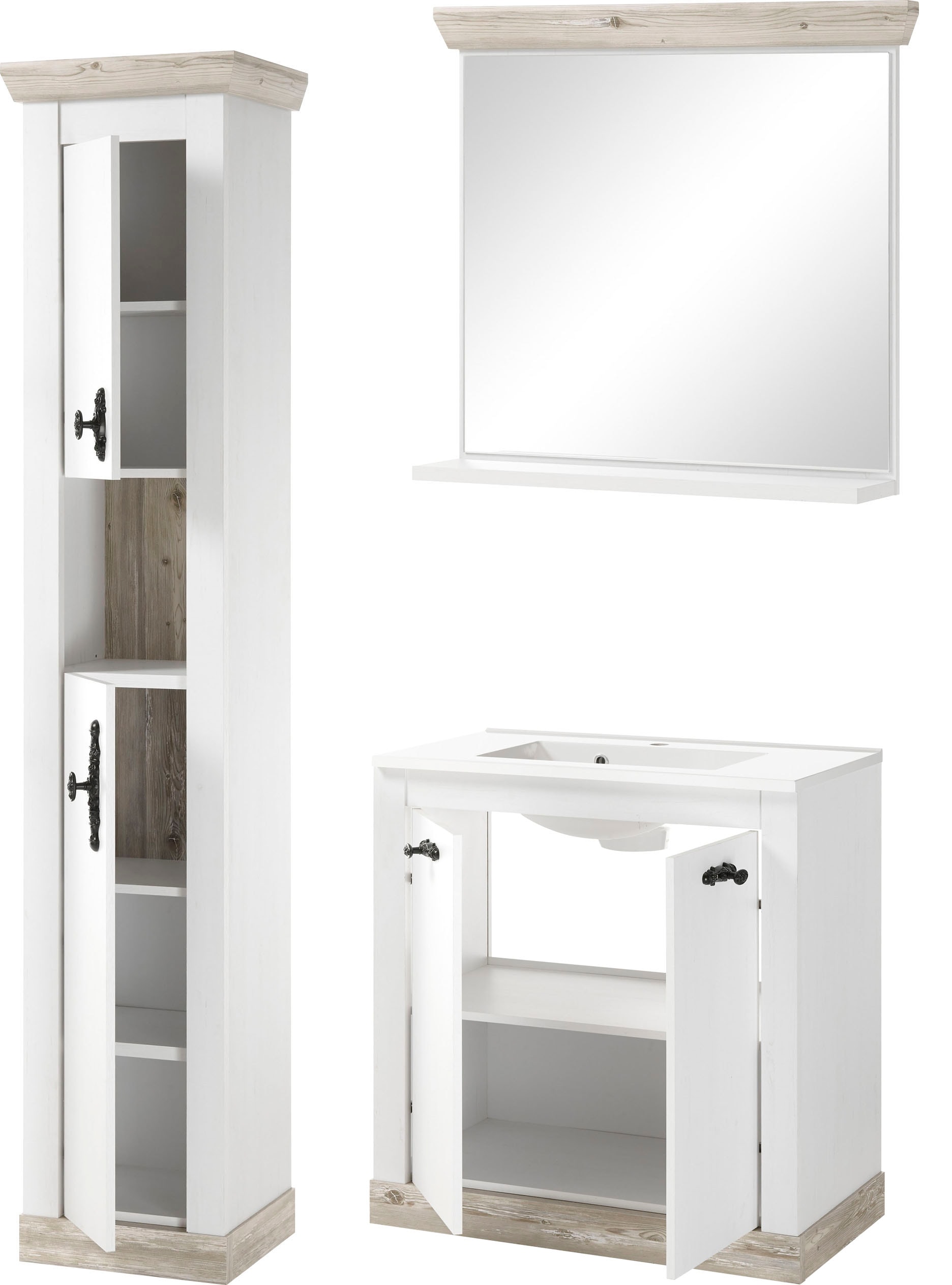 Home affaire Badmöbel-Set »Florenz, Bad im Landhausstil, 3-teiliges Badezimmer«, (3 St.), Waschtisch, Schrank und Spiegel mit Ablage, in Pinie Weiss, Stauraum