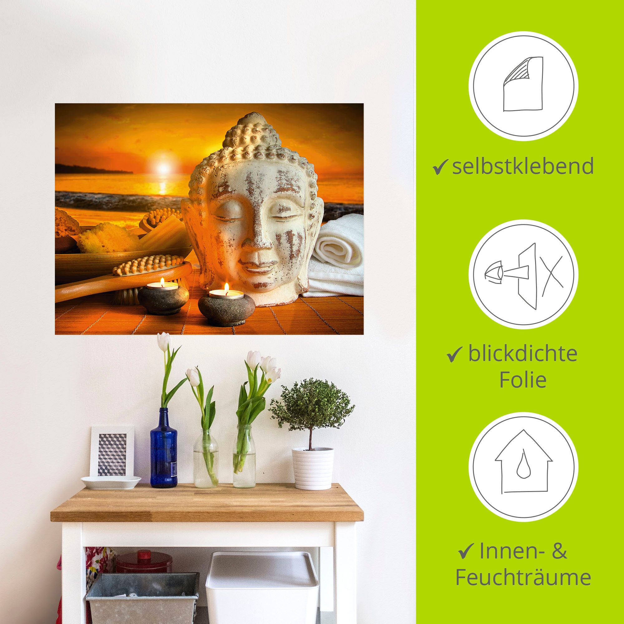 Artland Wandbild »Bad-Zubehör mit Buddha-Statue«, Religion, (1 St.), als Alubild, Outdoorbild, Leinwandbild, Wandaufkleber, versch. Grössen