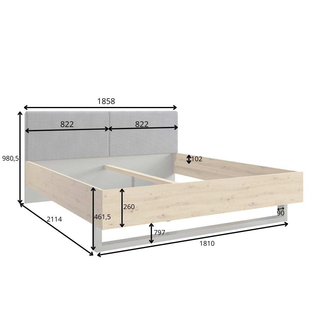 INOSIGN Polsterbett »Bett Loreto, Masse: B/T/H 185,5/211/98 cm«, Bett 180x200 cm mit gepolstertem Kopfteil