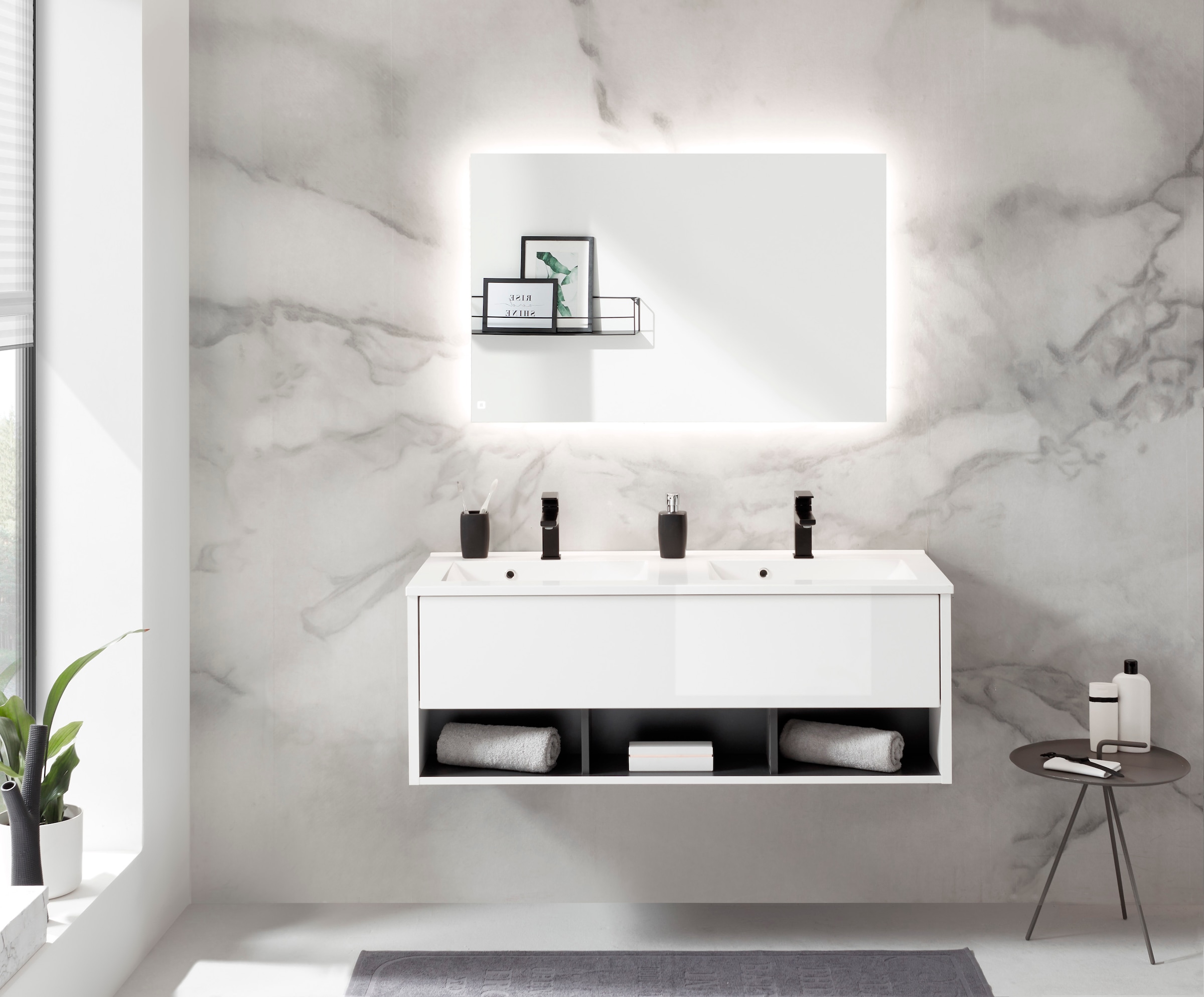 Places of Style Badmöbel-Set »Studio Line, Bad im modernen Design, 2-teiliges Badezimmer«, (2 St.), Waschtisch und Spiegel, in zwei Farben verfügbar, viel Stauraum