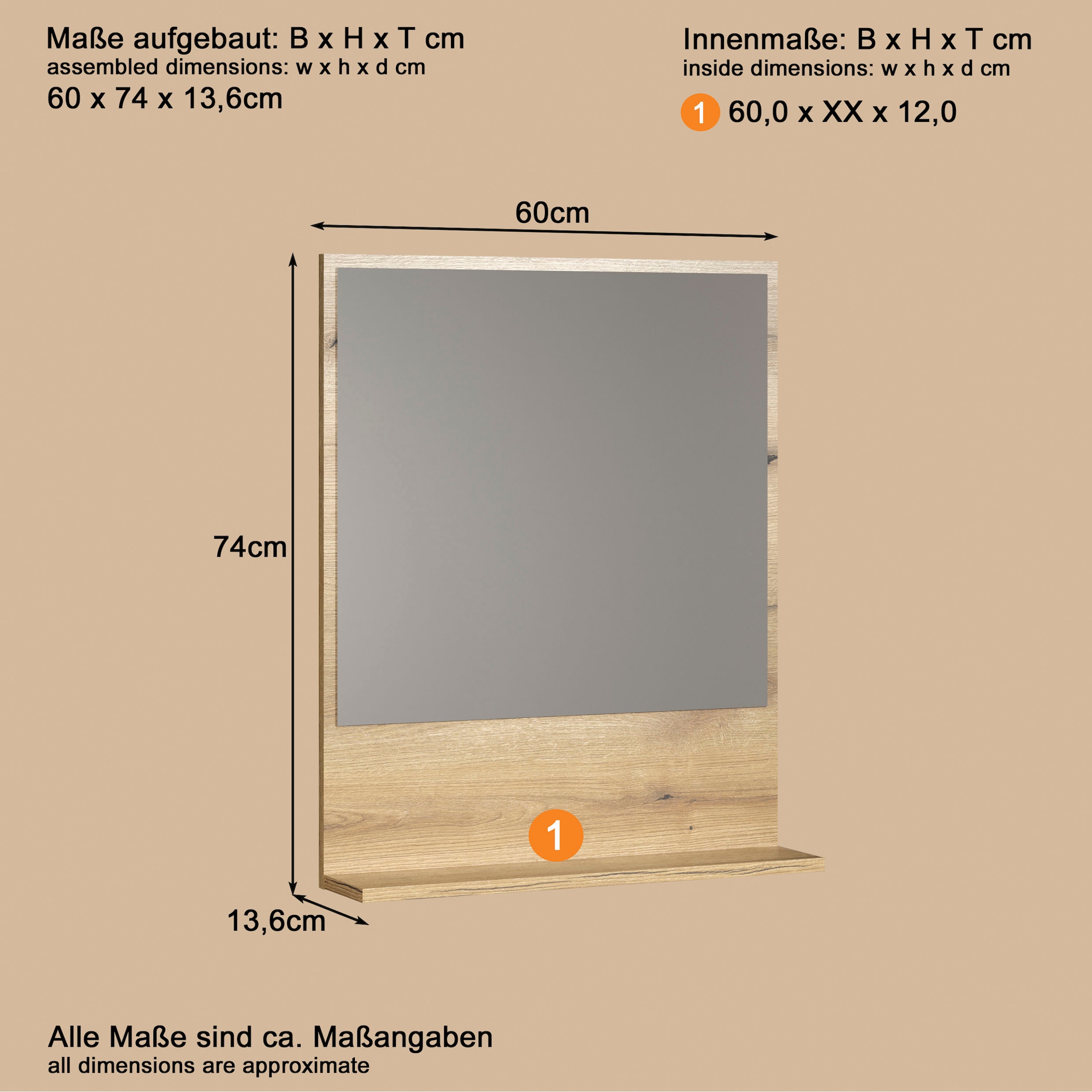 welltime Miroir de salle de bain »Amrum« Wandspiegel mit Ablage - (B/T/H) wahlweise 60 bis 80/14/74 cm