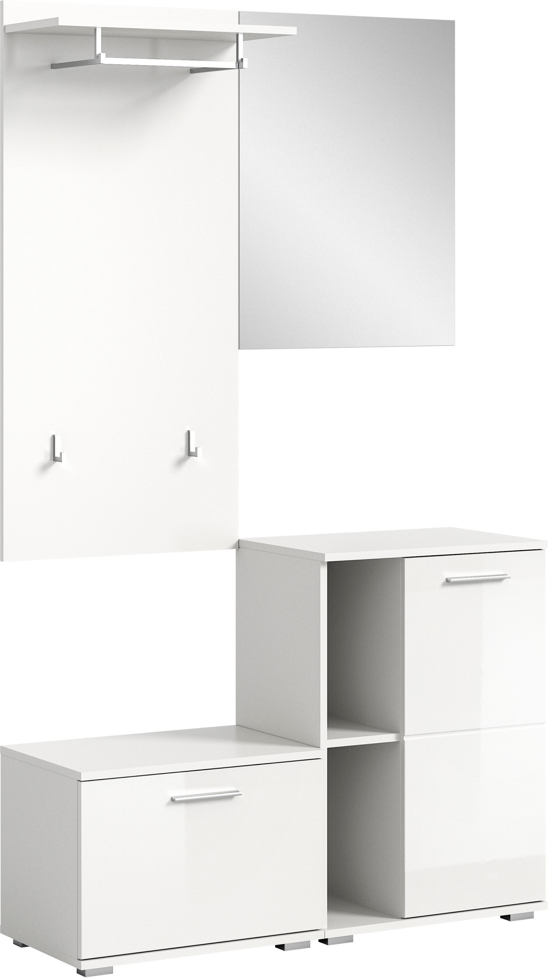 INOSIGN Garderoben-Set »Valge, Breite 110 cm, 4-teiliges Set, bestehend aus:«, (4 St.), Sitzbank, Garderobenpaneel, Schuhschrank und Garderobenspiegel