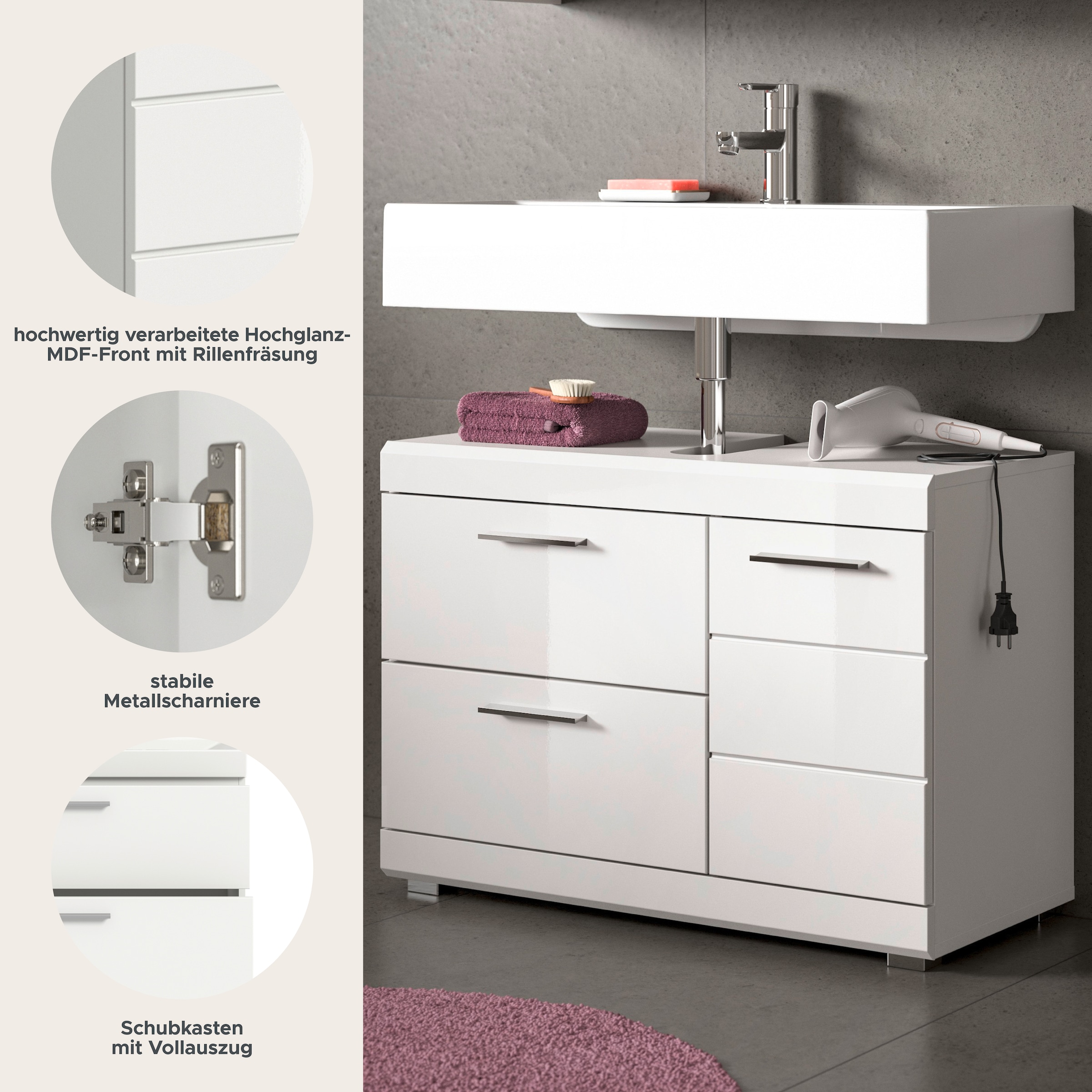 welltime Armoire sous lavabo »SIENA, Breite 80cm, 1 Tür, 1 Schubkasten, 1 Klappe, 2 Fächer,MDF-Front« WBU, meubles de salle de bain, armoire de salle de bain, commode, meuble bas, salle de bain, salle de bains