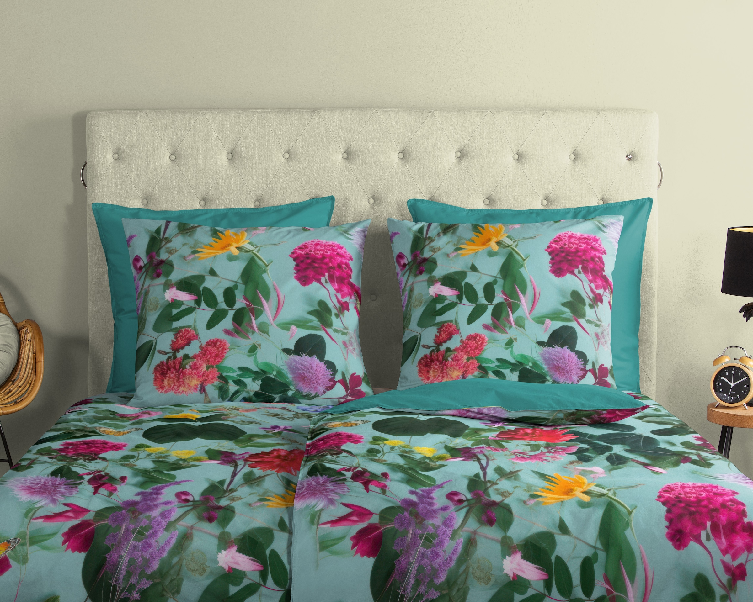 good morning Wendebettwäsche »Imma«, 100% Baumwolle, Renforcé, Reissverschluss, Wendeoptik, Blumen, Aqua