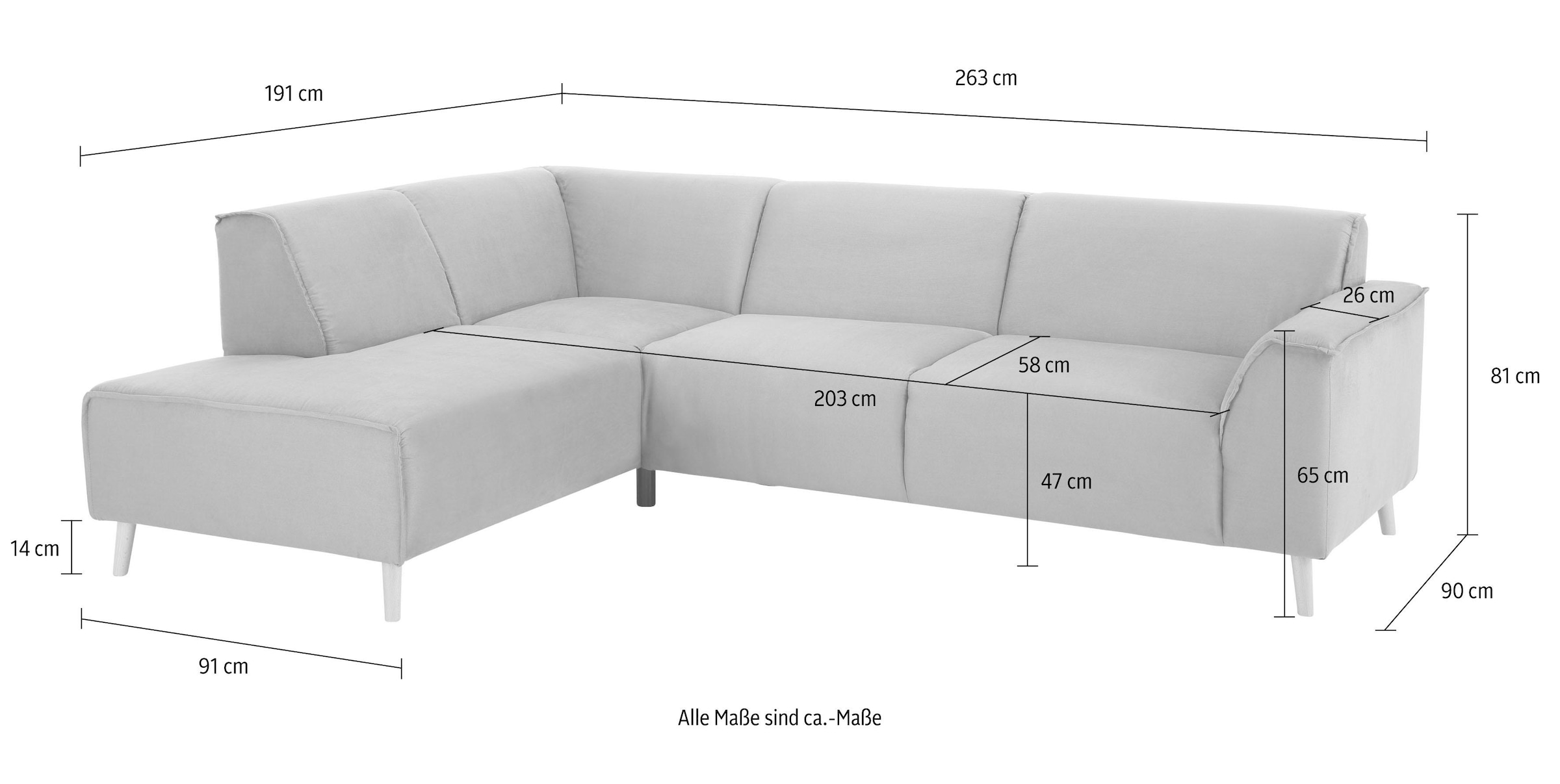 Home affaire Ecksofa »Julia zeitlose und elegante Couch, hoher Sitzkomfort, L-Form«, Federkern-Polsterung, Holzfüsse, Keder