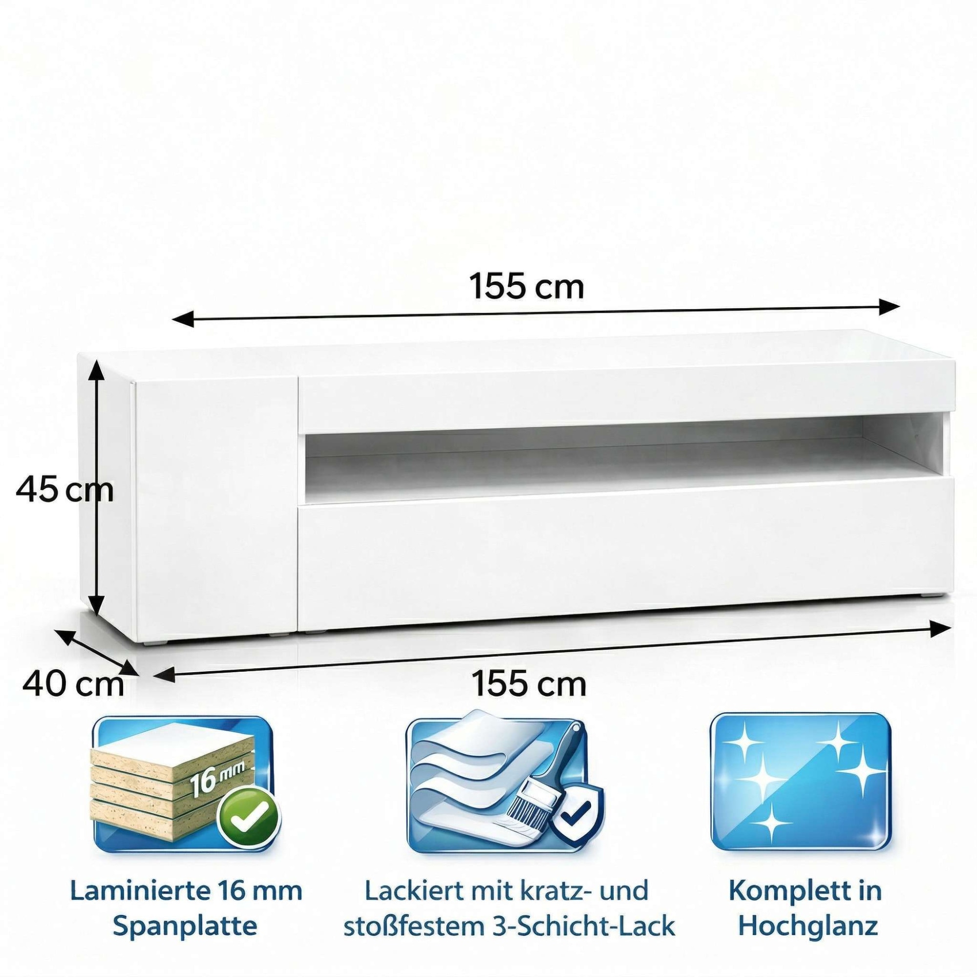 GOODproduct Lowboard »LORENZO 1, TV-Board, TV-Kommode, TV-Schrank, TV-Unterschrank, TV-Möbel« Modernes lackiertes Hochglanz TV-Board, grifflos, Breite 155 cm