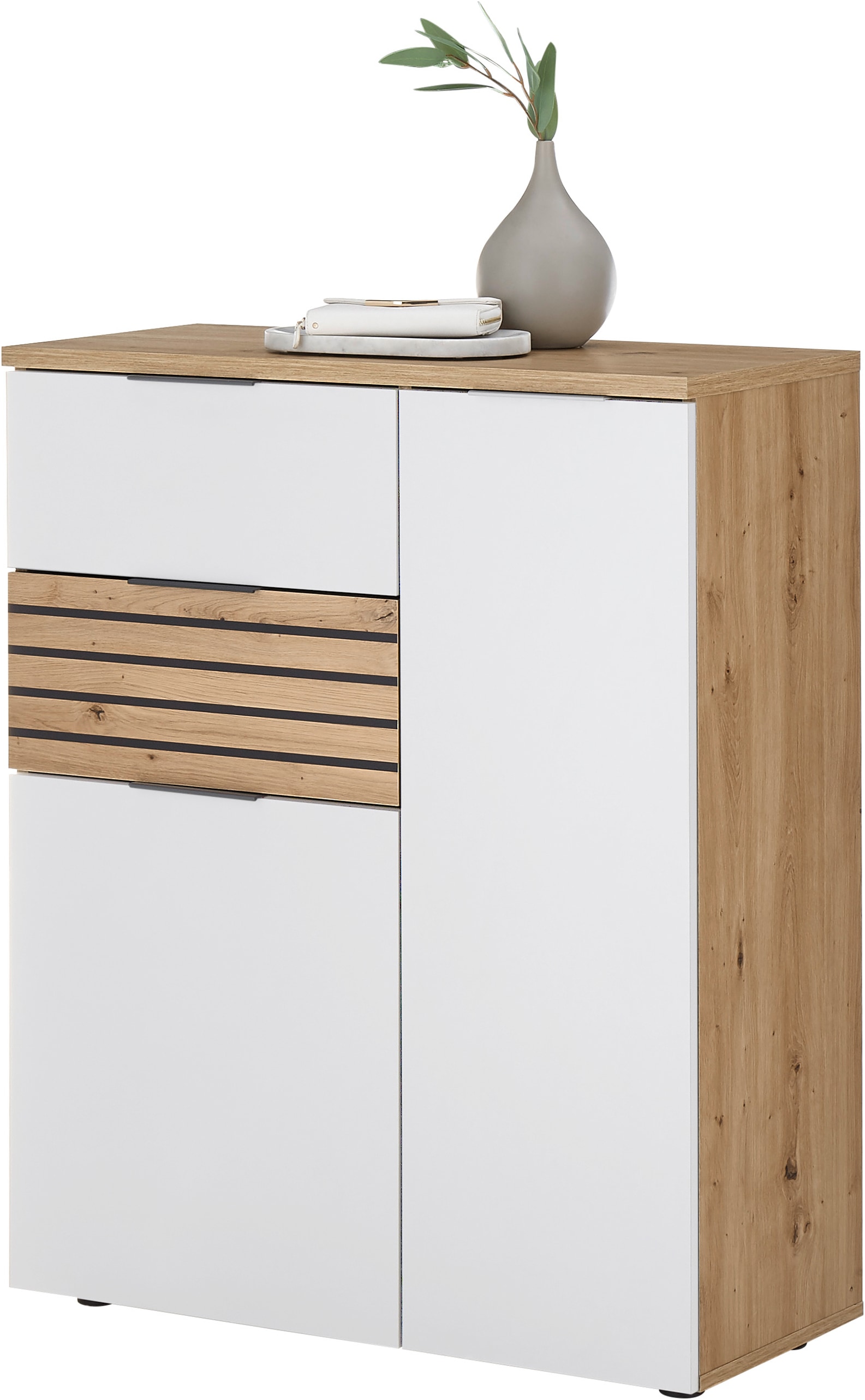 HBZ Garderoben-Set »5-tlg. Eiche Stripes Optik Flurgarderobe Stellmass BxHxT 260x197x38 cm«, (5 St.), Mit Schuhkommode, Hochschrank, Bank, Paneel, Spiegel