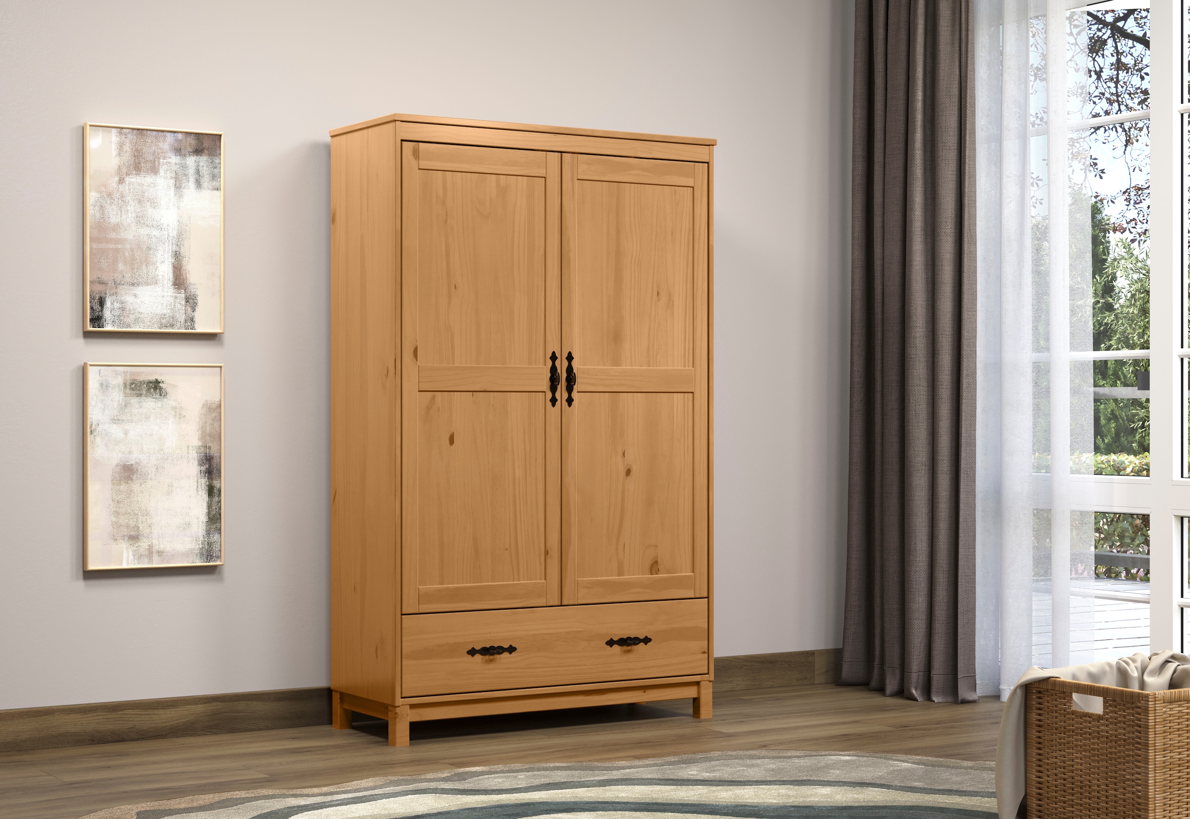 Home affaire Kleiderschrank »Sandnes Kieferschrank Schlafzimmer Schrank TOPSELLER weiss« natürlicher Landhaus-Look B/T/H: 96x38x155cm, 1 Stk. tlg. Drehtürenschrank aus Massivholz mit besonderen Metallgriffen