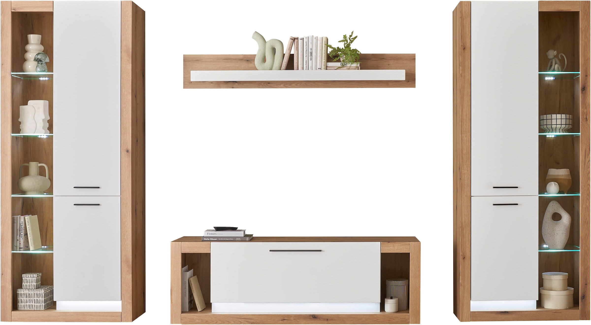 INOSIGN Wohnwand »Brixen, moderne Anbauwand, Wohnzimmer-Set, Eiche Evoke Dekor mit Weiss«, (Set, 4 St.), enthält Stauraumelemente, Lowboard und Wandboard