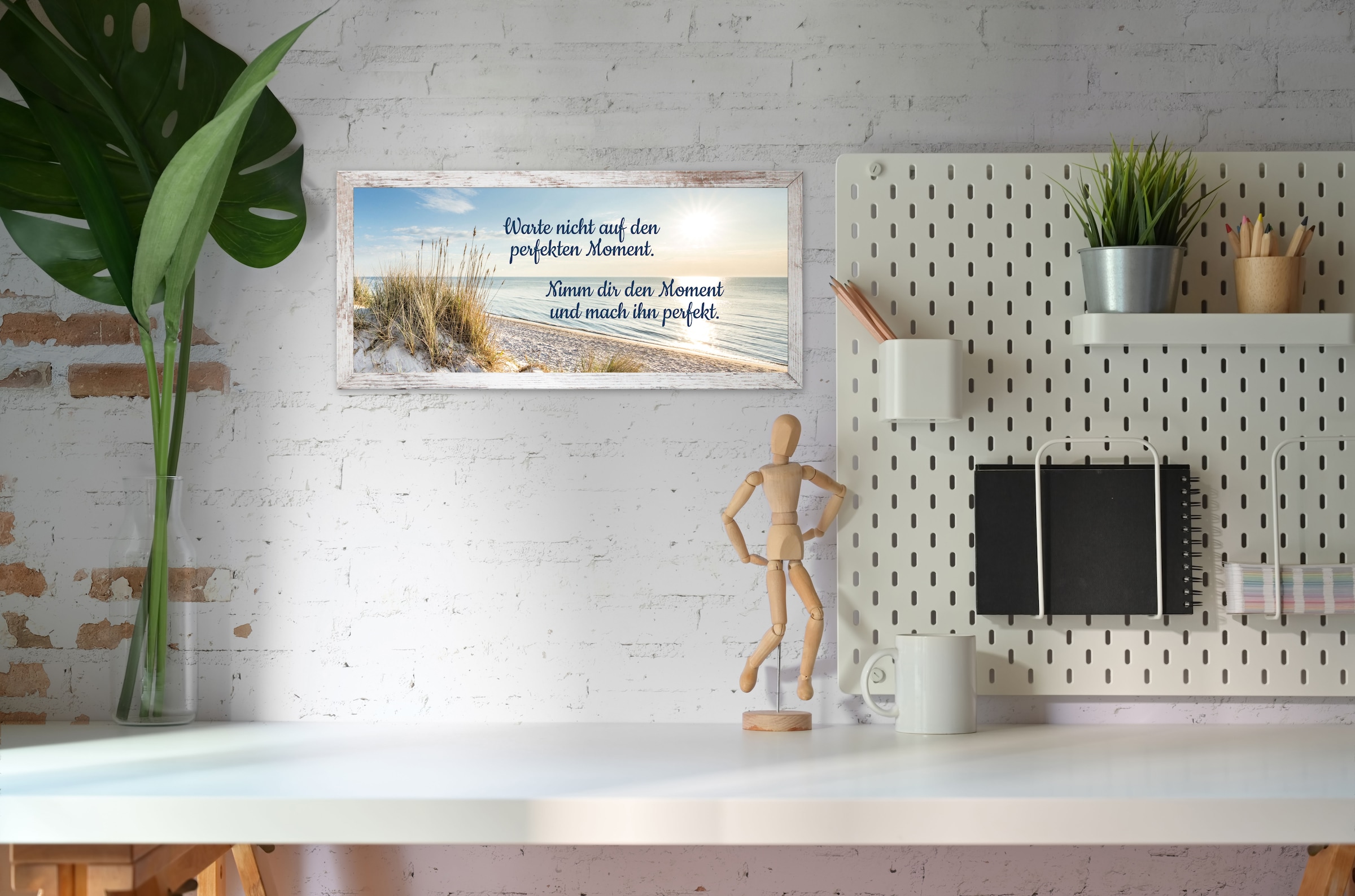 Bönninghoff Tableau avec cadre »Wandbild gerahmt STRAND MIT SPRUCH MOMENT 23x49 cm – Natur Wanddeko« Citations | Citations et textes | Images de coucher et lever de soleil | Plage 1 cuis tlg. avec cadre décoratif
