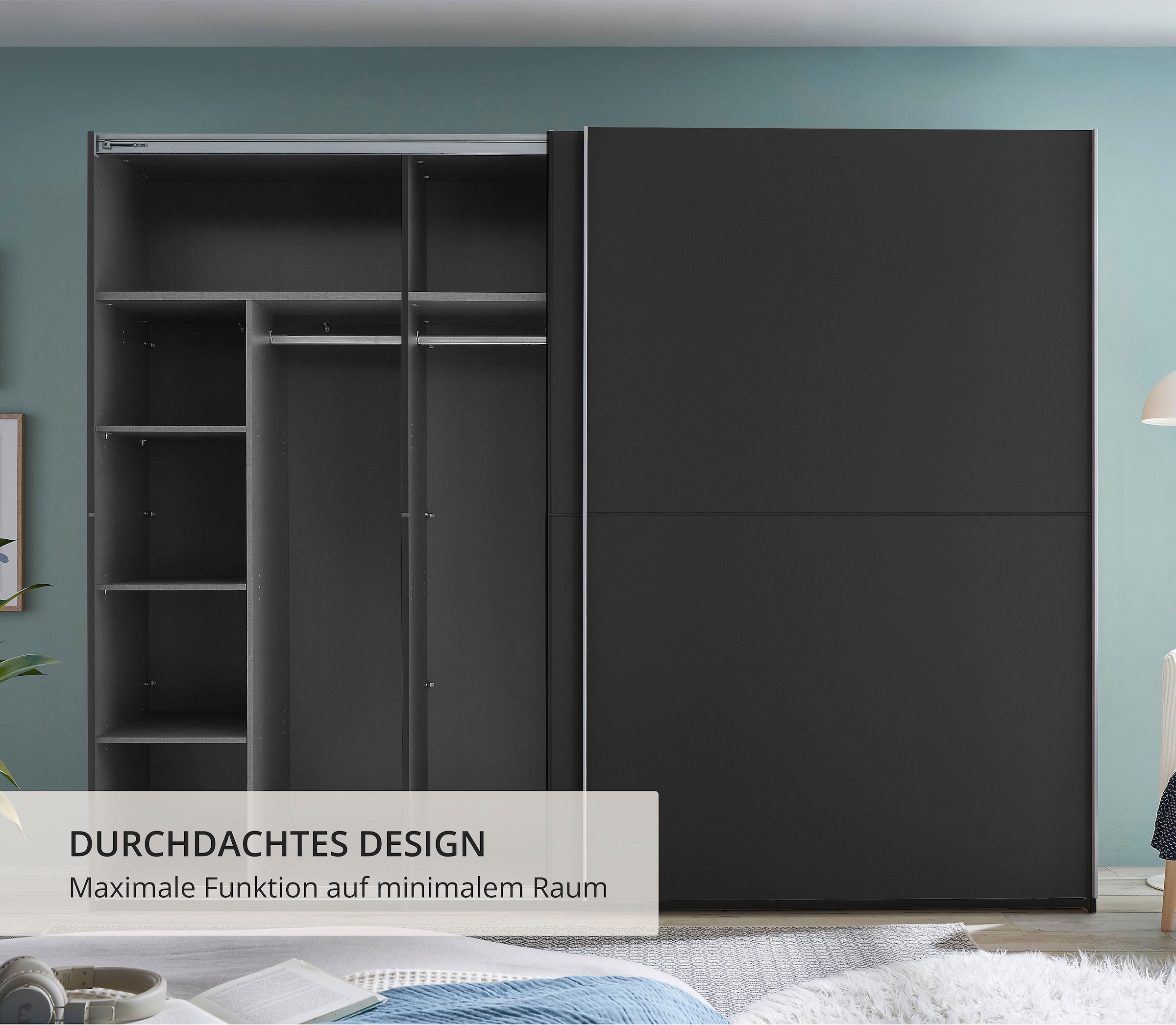 Schlafkontor Armoire à portes coulissantes »Mesio, 2-türiger Kleiderschrank, Schiebetürenschrank mit viel Stauraum« inklusive Hoteleinteilungen aussen und Einlegeböden oben