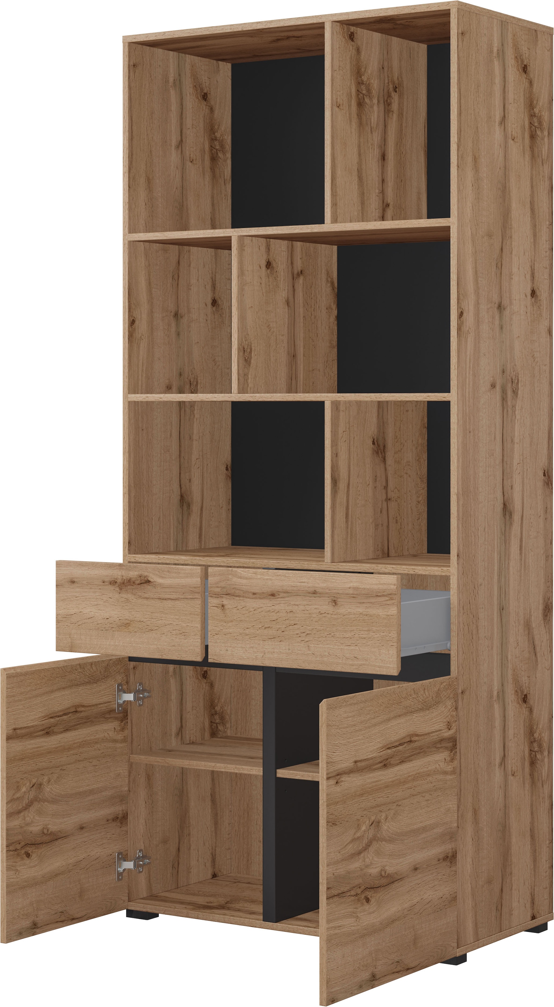 GOODproduct Armoire de classement »Cross, Breite 85 cm, modernem grifflose Standregal, Bücherregal« Étagère avec 6 compartiments ouverts, 2 tiroirs et 2 portes, étagère de bureau