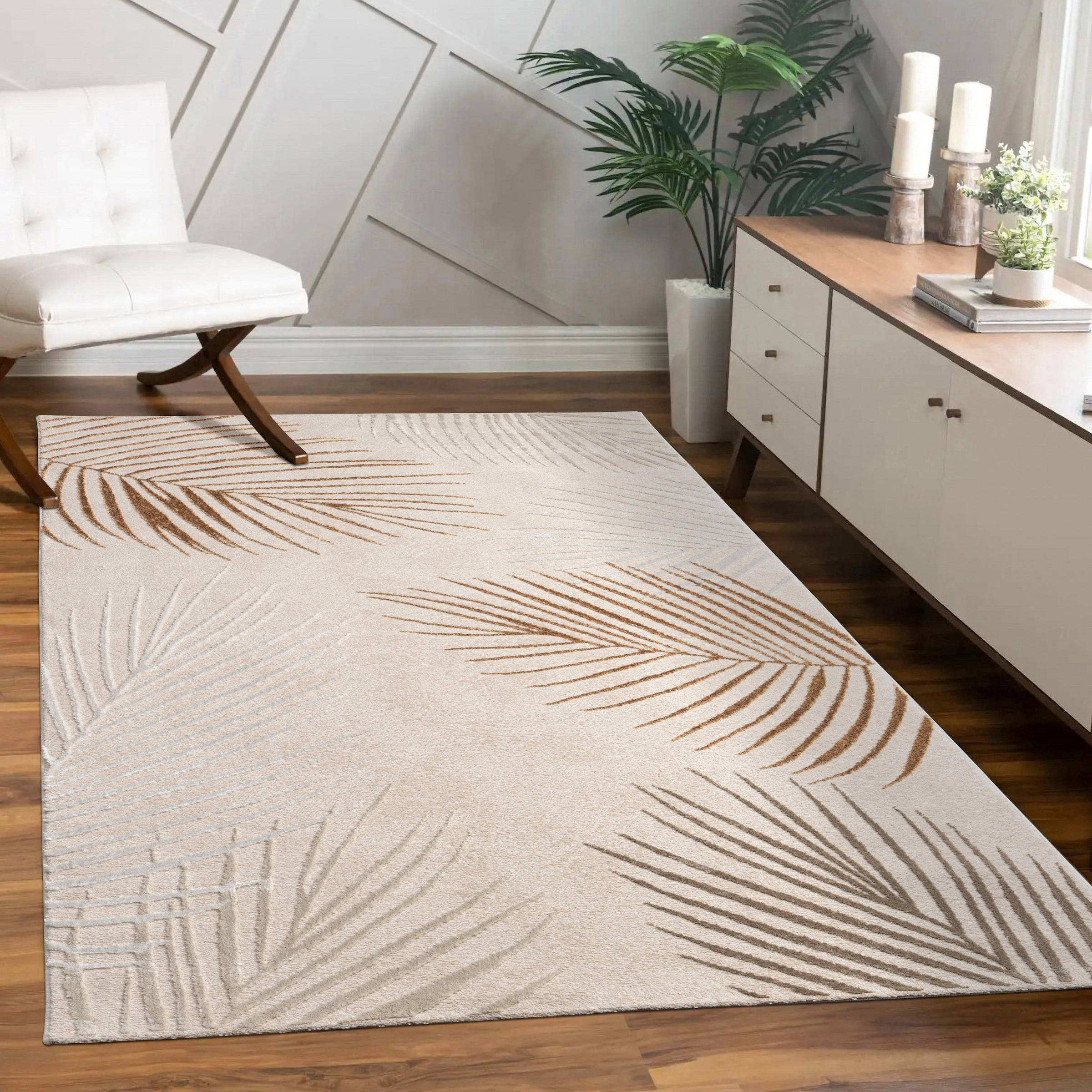 Image of Paco Home Teppich "Tuana 218" rechteckig 15 mm Höhe Kurzflor, modernes Blätter Design, Hoch-Tief-Struktur, Wohnzimmer