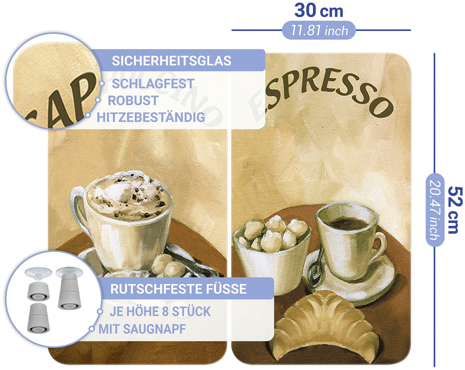 WENKO Herd-Abdeckplatte »Universal Modell Kaffee«, (Set, 2 tlg.), Herdabdeckung für alle Herdarten, kratzfest, mit rutschfesten Füssen