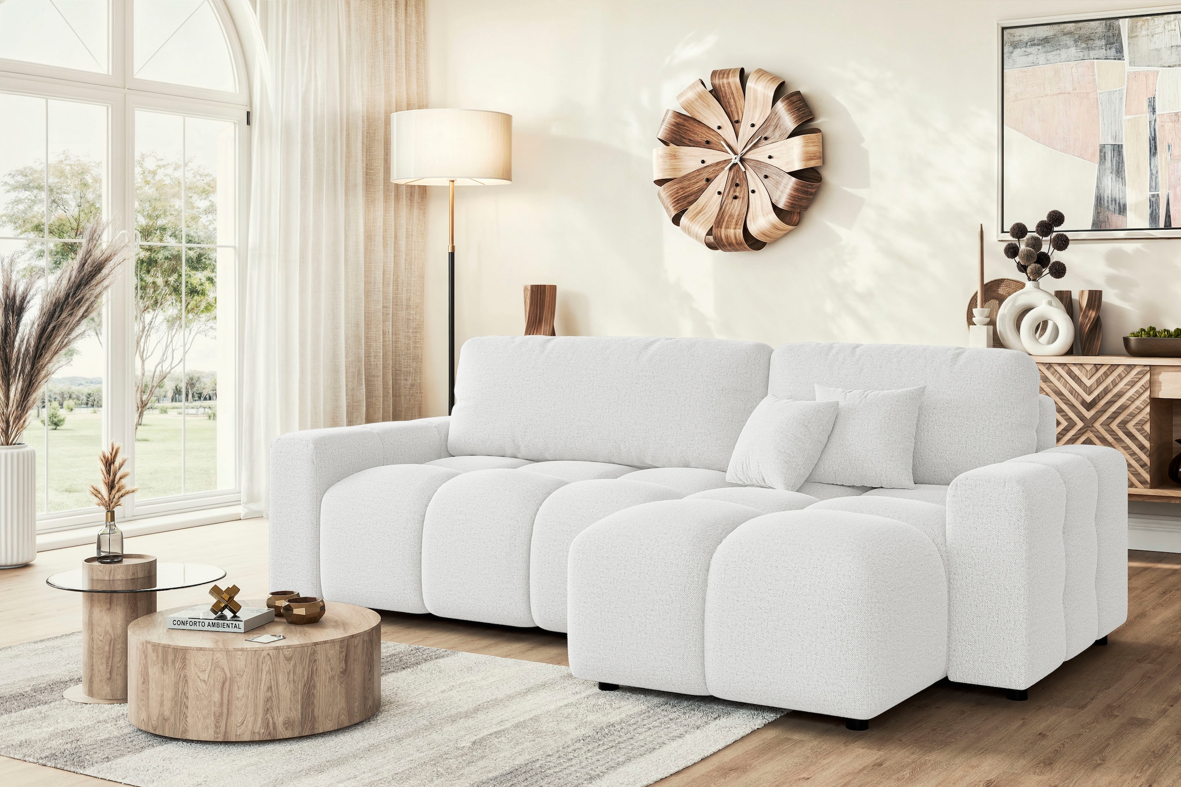 INOSIGN Ecksofa »FELICI, Schlafsofa 233cm, L-Form mit Recamiere beidseitig montierbar«, Designsofa mit Bettfunktion und Bettkasten, Masse B/T/H: 233/142/88 cm