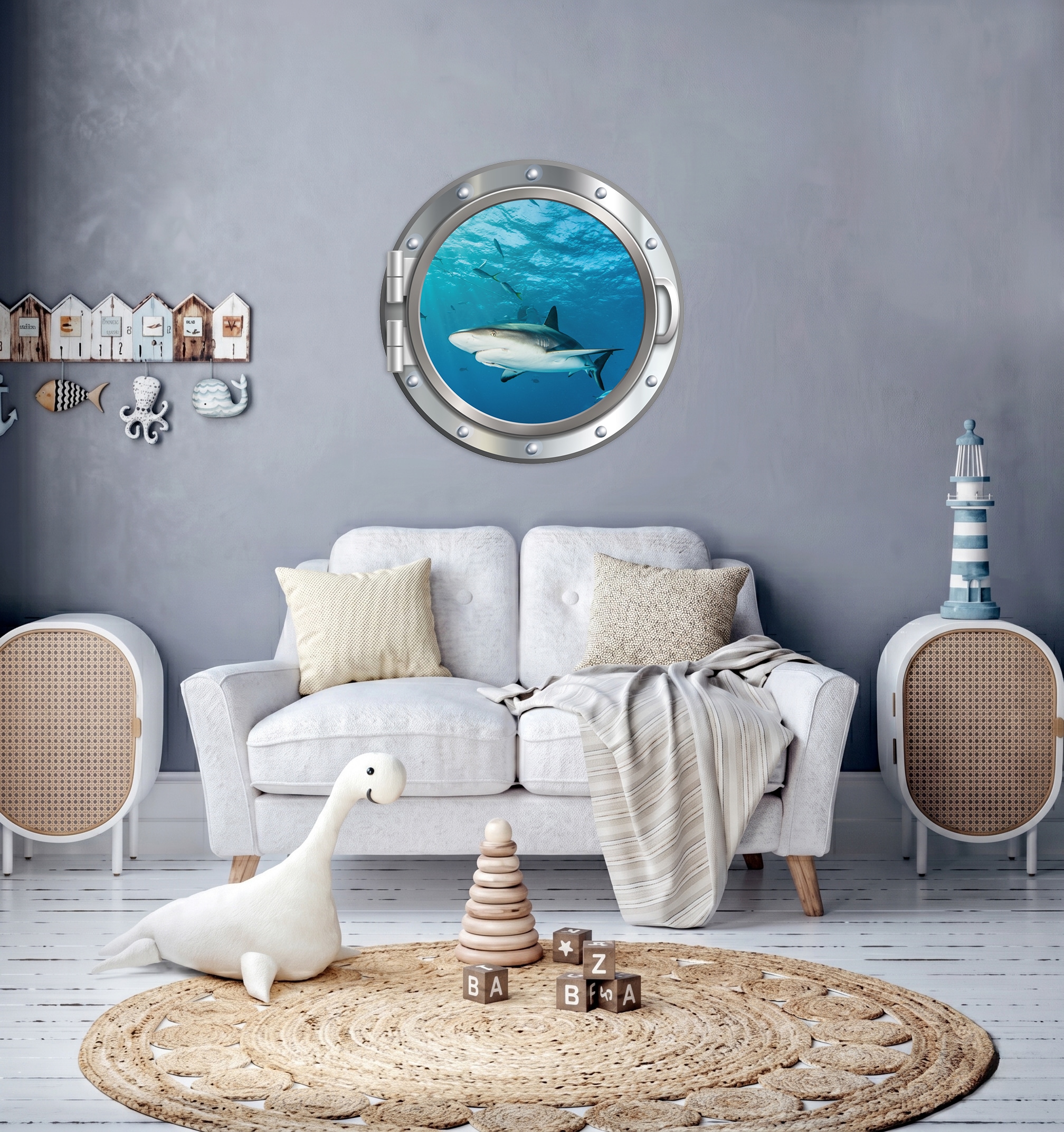 Image of queence Wandsticker "3D Bullauge Illusion Unterwasserwelt Haifisch 40x40 cm" Selbstklebender Wanddurchbruch Unterwasser