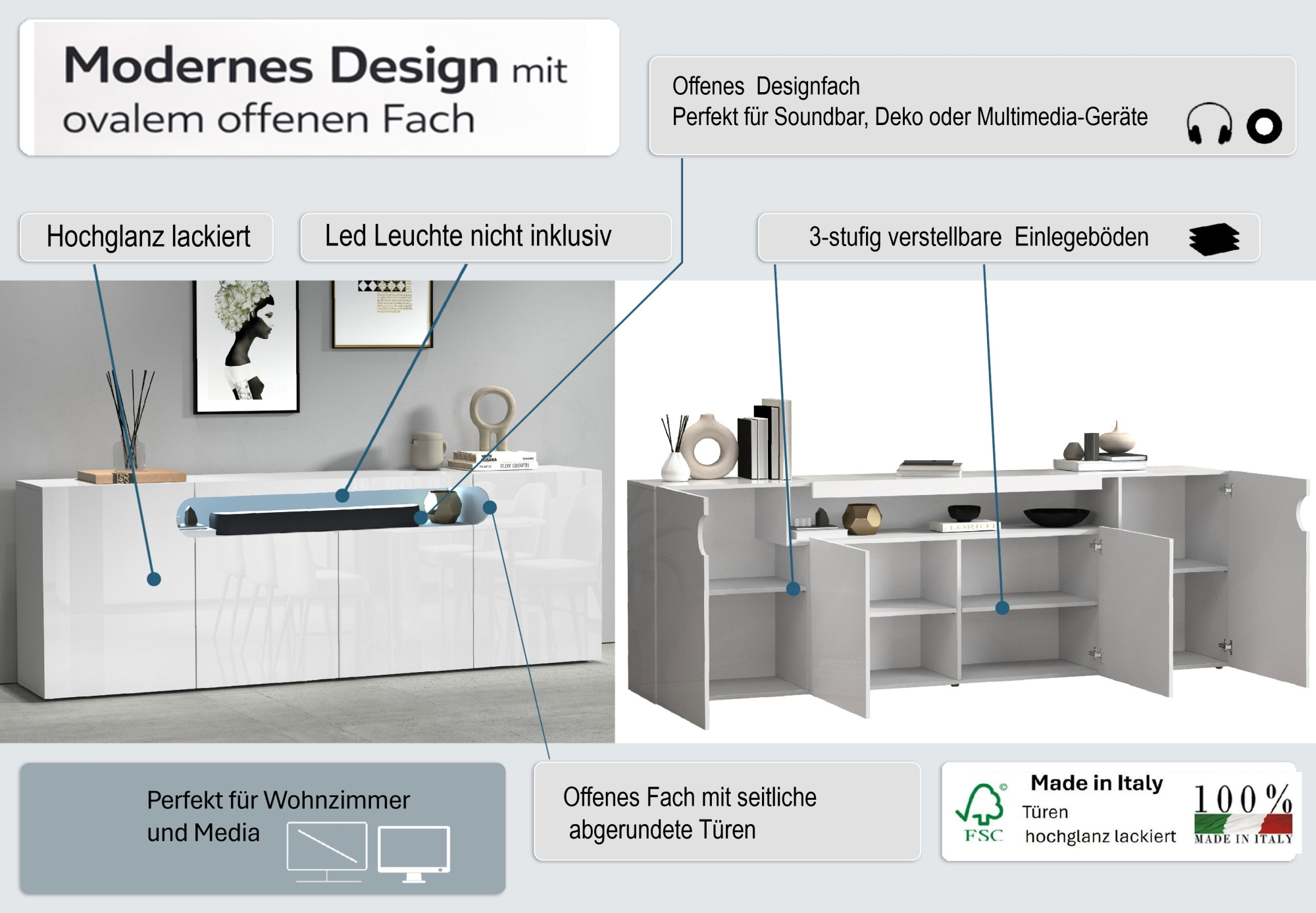 GOODproduct Buffet »Sideboard REAL, Kommode, Schrank, Kredenz« 1 cuis tlg. Avec 4 portes, dont 2 arrondies formant une niche ovale ouverte