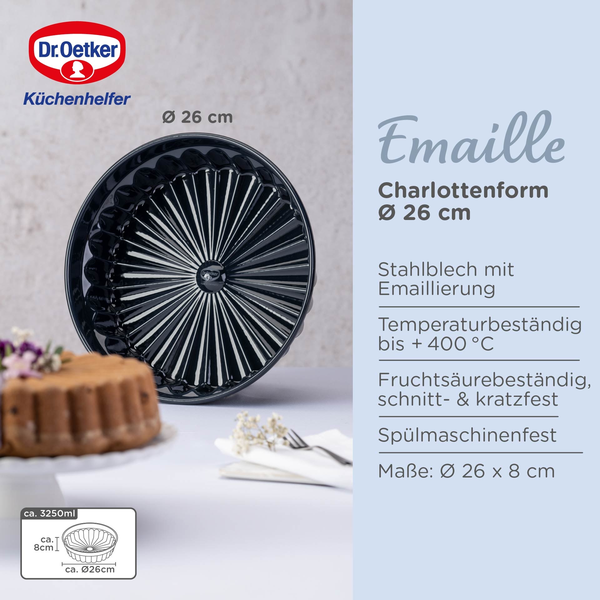 Dr. Oetker Küchenhelfer Backform »Charlottenform Back-Liebe Emaille, Ø 28 cm, ozeanblau« Emaille-Versiegelung, schnitt- und kratzfest, spülmaschinengeeignet