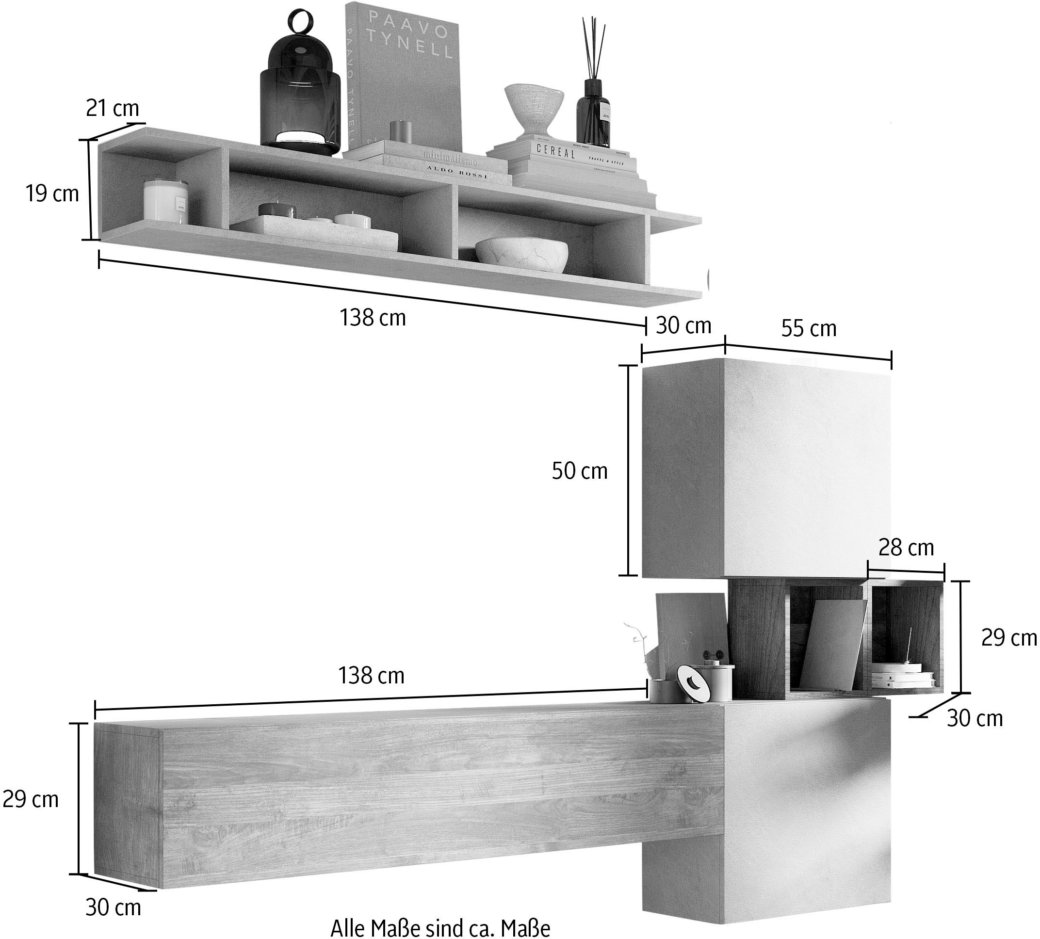 INOSIGN Wohnwand »INFINITY, 5tlg. Breite 215 cm, Höhe variabel, Schrankwand, Anbauwand«, (5 St.), (Lowboard hängend, 2x Hängewürfel, Würfelregal Set, Wandregal)