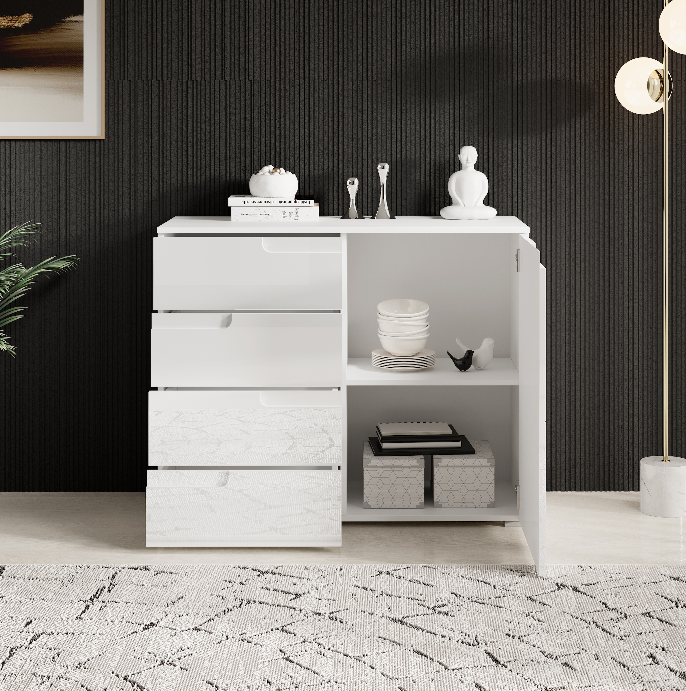 HBZ Kommode »Spice weiss hochglanz, BxHxT 100x80x40 cm« Kommode mit 1 Tür, 4 Schubkästen und 1 Einlegeboden