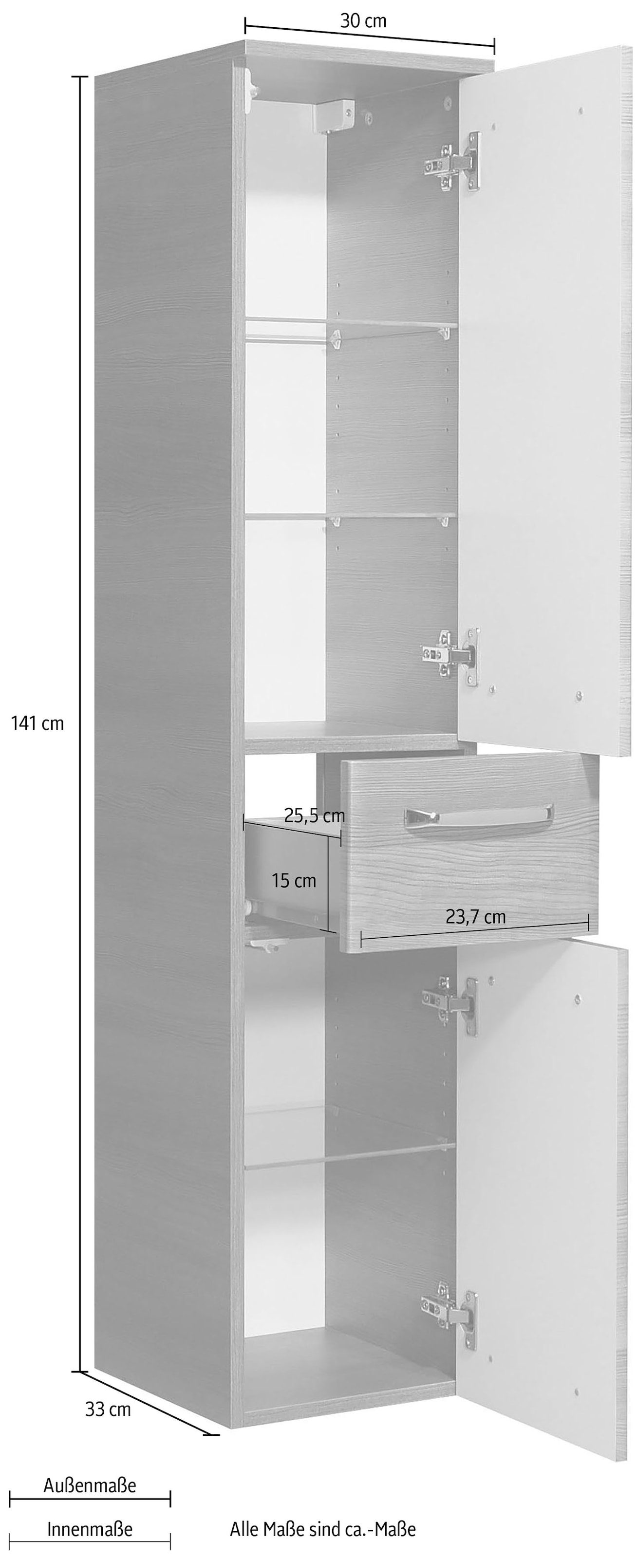 Saphir Armoire intermédiaire »Quickset Badschrank 30 cm breit, 2 Türen, 1 Schublade, 3 Einlegeböden« Armoire de salle de bain midi avec amortisseur de porte, poignées chromées brillantes