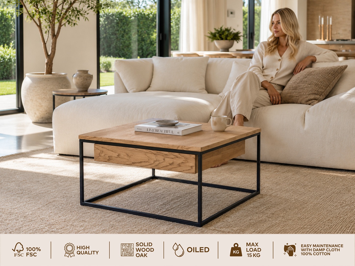 GOODproduct Couchtisch »Como, Wohnzimmertisch, Sofatisch, Beistelltisch, Kaffeetisch« Wildeiche massiv geölt, Natur/Smoke, Metallgestell, 2 Ablagen