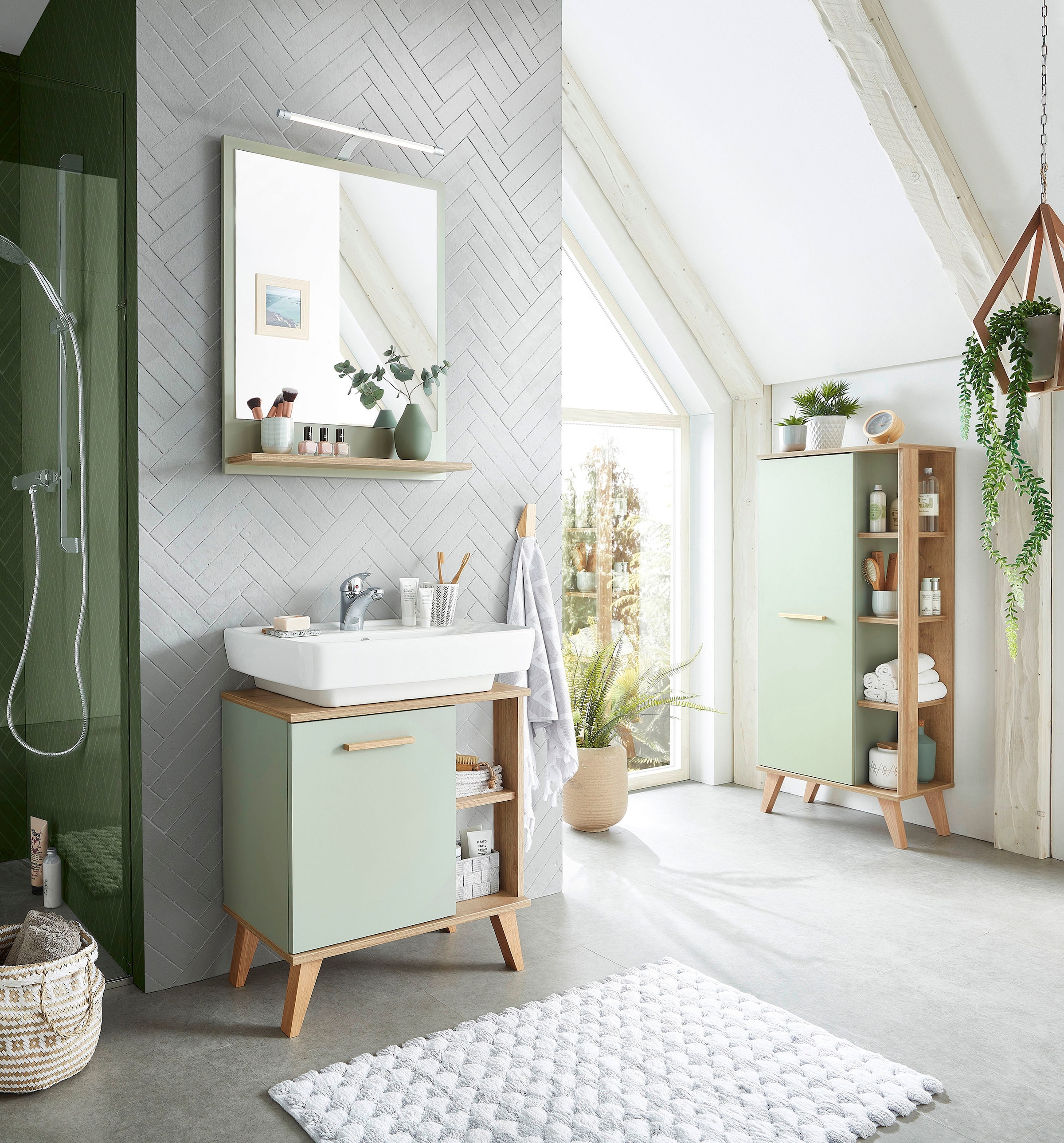 Saphir Miroir de salle de bain »Quickset 963 Spiegel mit Ablage, 60 cm breit, 74,5 cm hoch« Miroir mural imitation sauge, imitation chêne Riviera horizontal