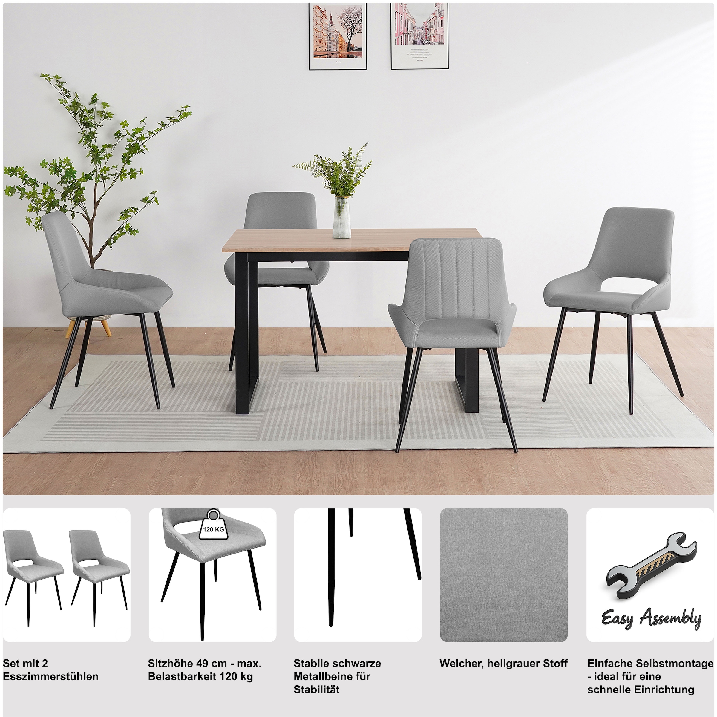 GOODproduct Chaise de salle à manger »Derrek« (Set) 2 cuispflegeleichter Webstoff, schwarze Metallbeine, Sitzbreite 40 cm