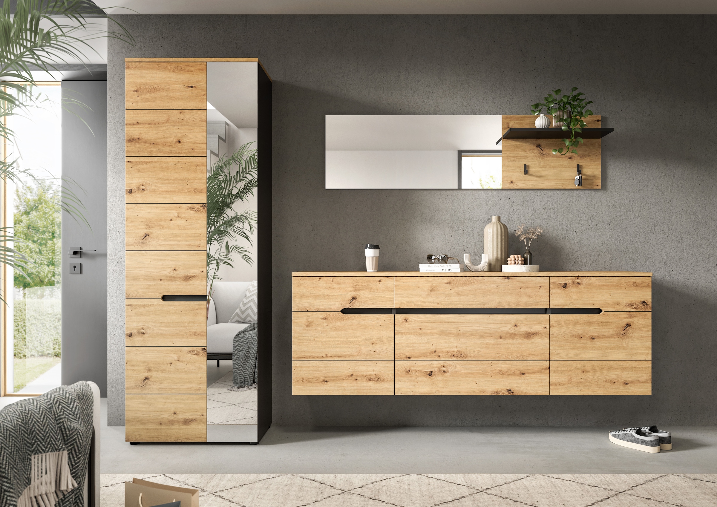 Home affaire Garderoben-Set »REHAT, TOPSELLER!, 3-teilig, Breite 256 cm, individuell stellbar« Set, best. aus: Garderobenschrank, Hängeschrank & Garderobenpaneel, 3 Stk. tlg.