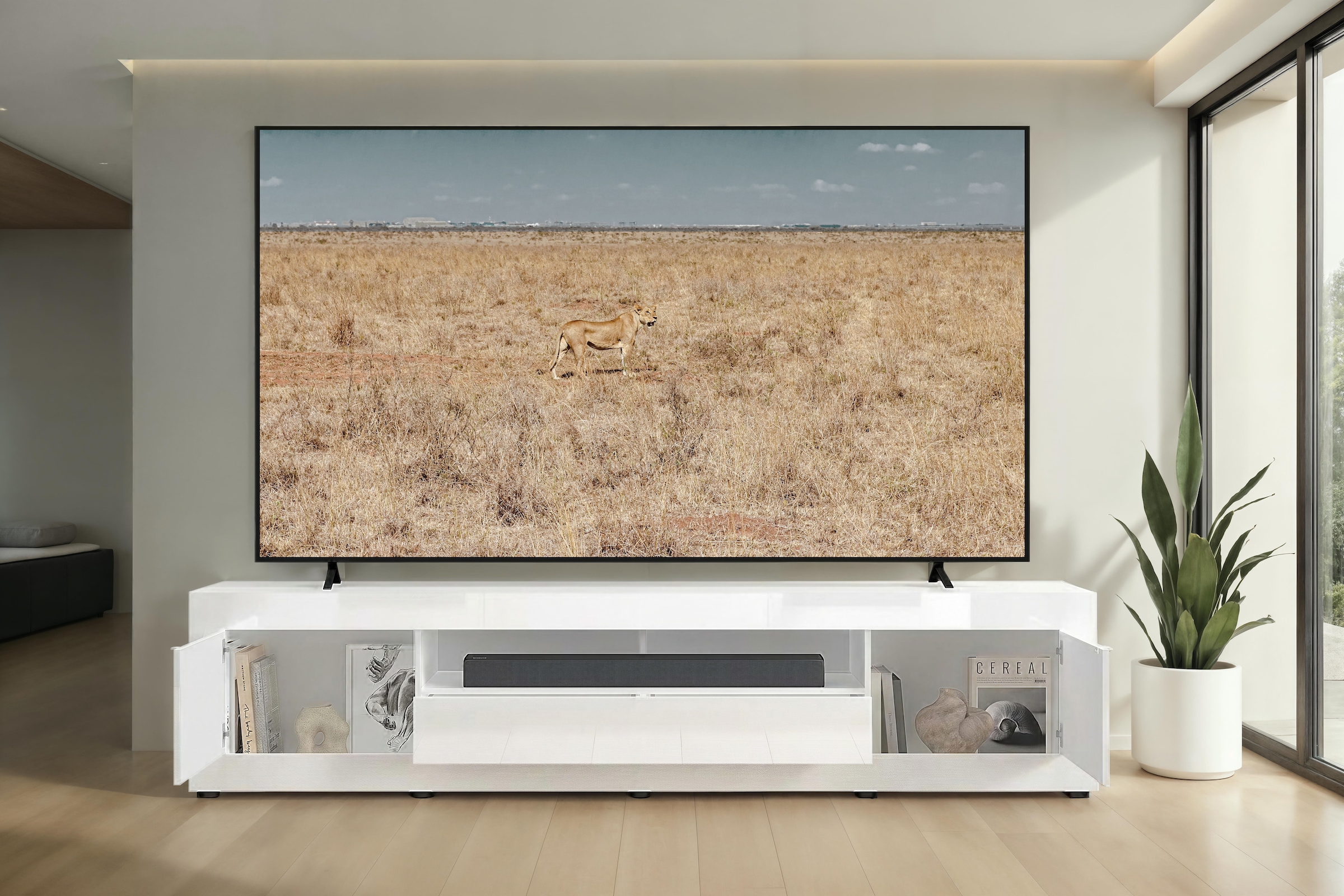 Home affaire Table basse »Basic, 245 cm breit, 47 cm tief, 2 Türen, 1 Schubkasten, Medienboard« Modernes Lowboard für bis zu 98-Zoll-TV – perfekt für die WM