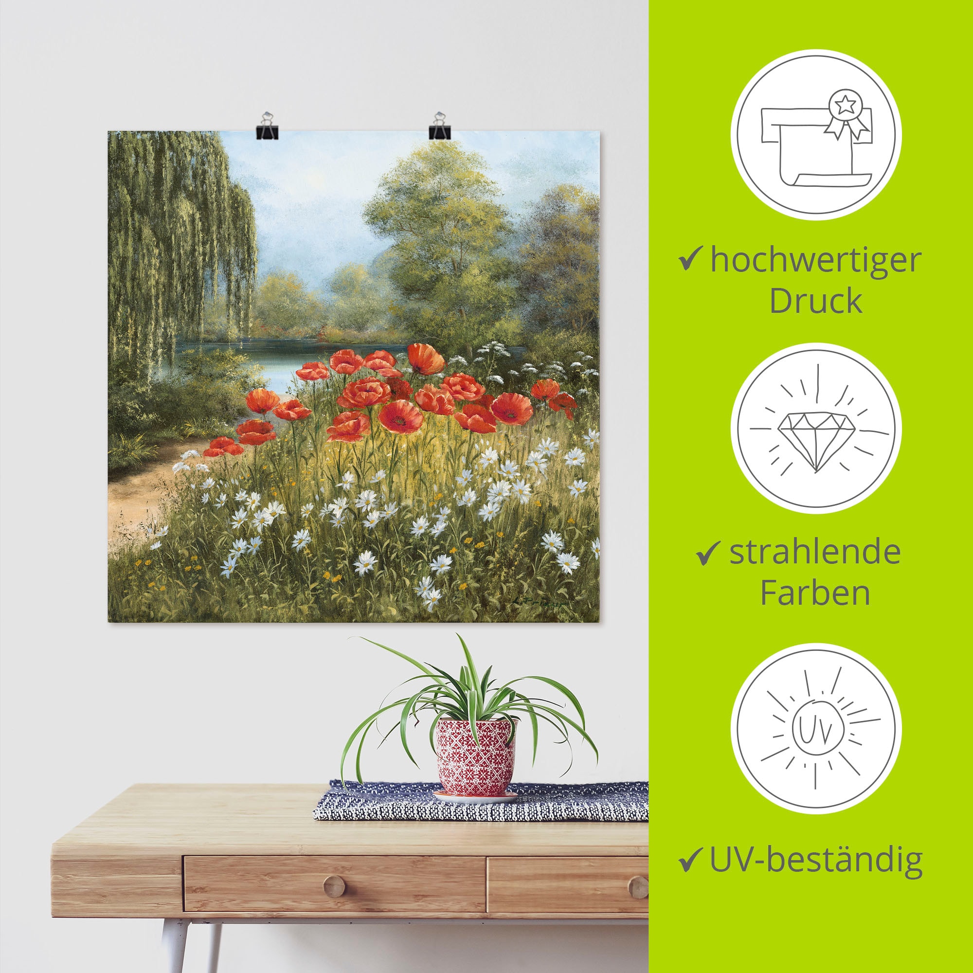 Artland Wandbild »Mohnwiese am See«, Blumenwiese, (1 St.), als Alubild, Outdoorbild, Leinwandbild, Poster in verschied. Grössen