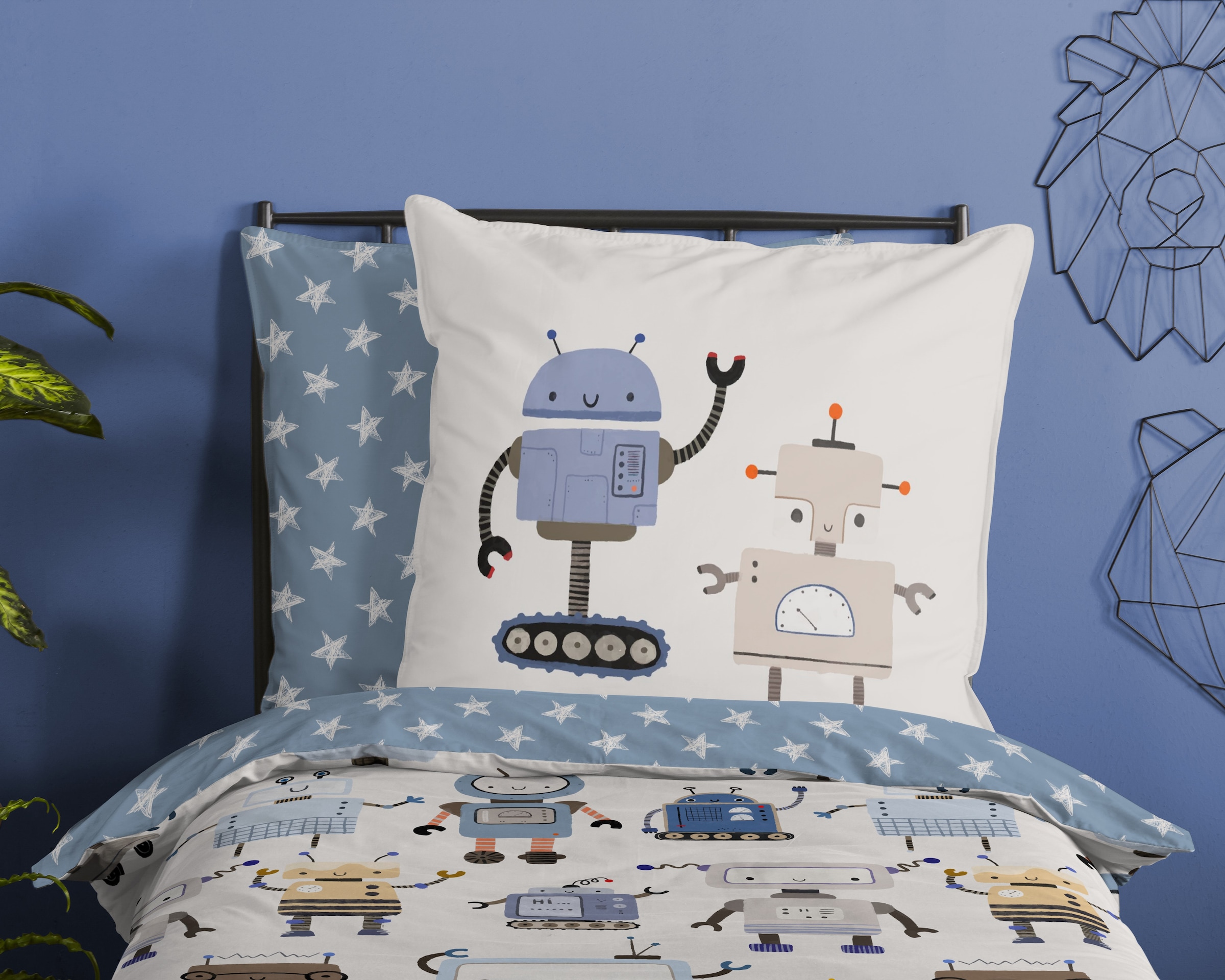 good morning Kinderbettwäsche »Robo«, Baumwolle, Reissverschluss, Wendeoptik, Baby, Junge, Roboter, Weiss blau