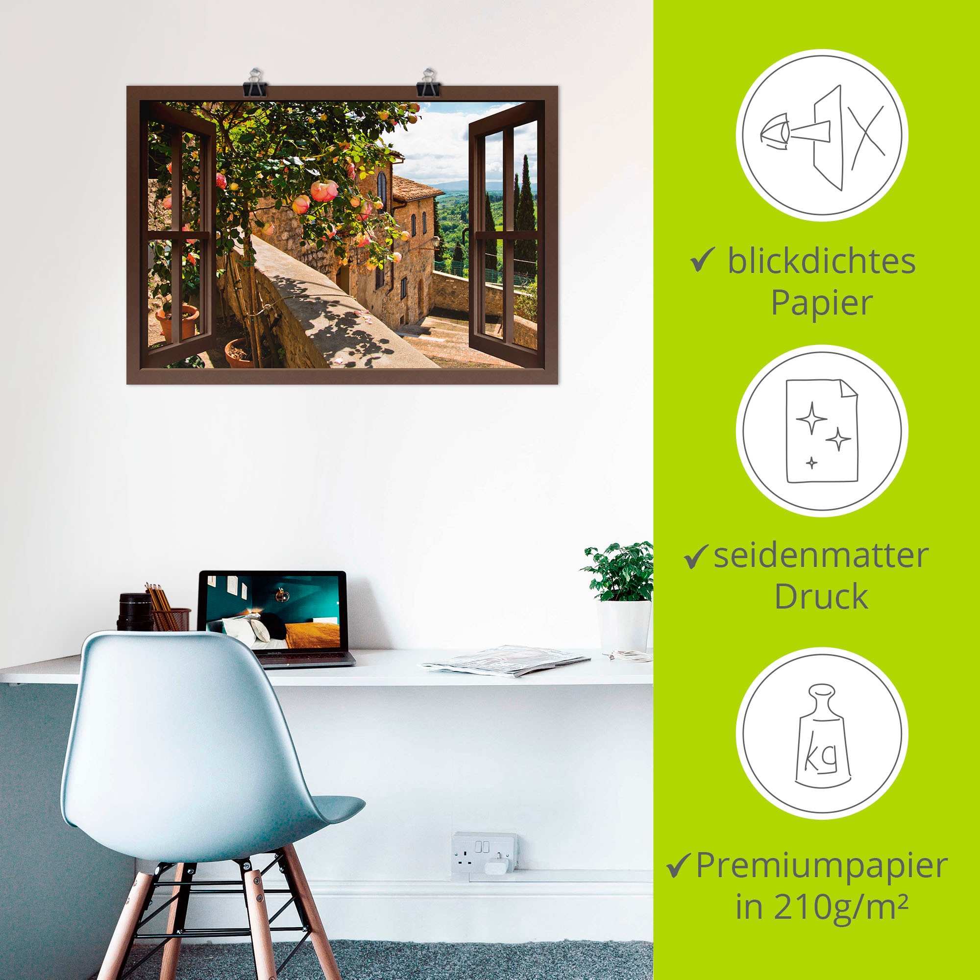 Artland Wandbild »Fensterblick Rosen auf Balkon Toskana« Garten 1 Stk. tlg. als Leinwandbild, Poster in verschied. Grössen