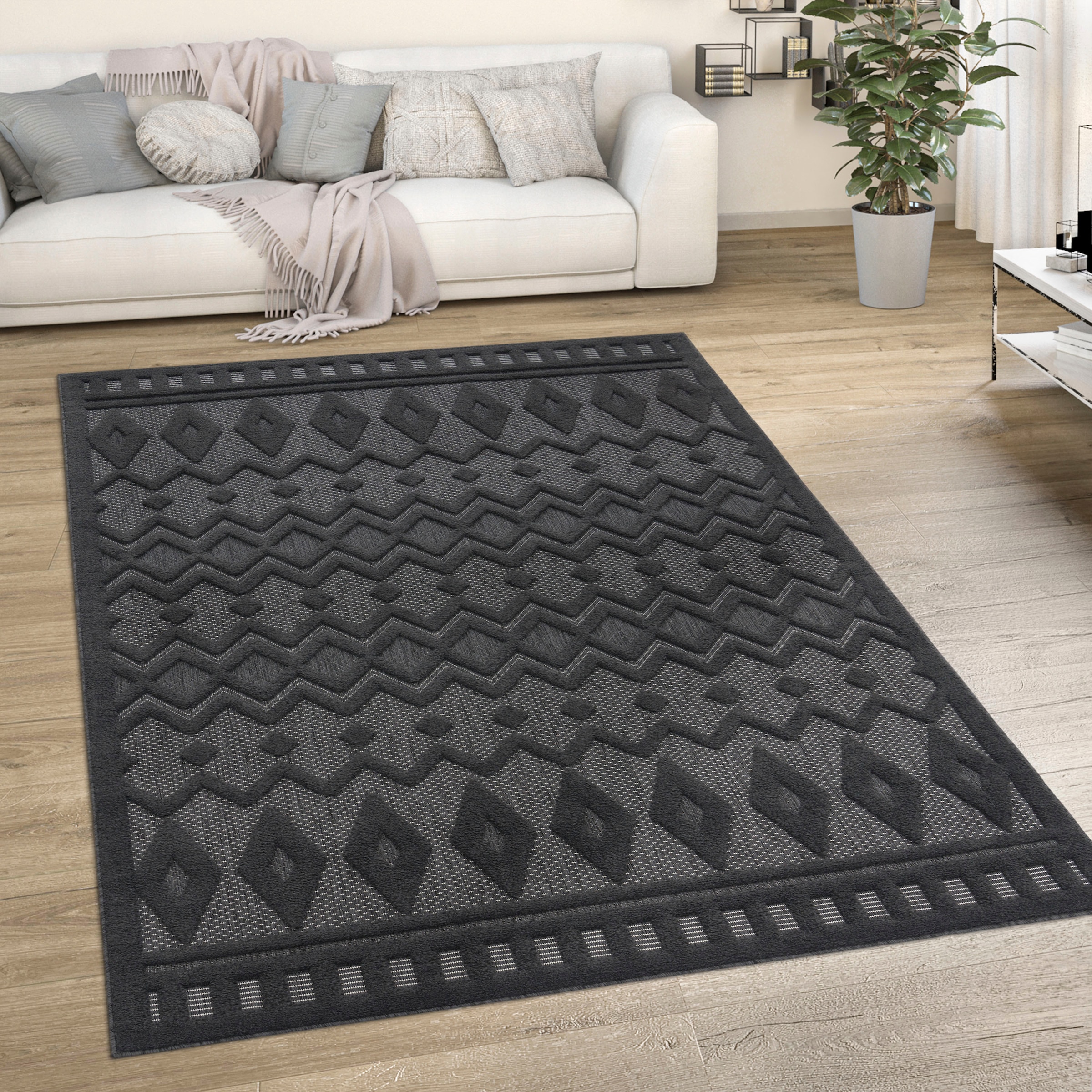 Paco Home Teppich »Livorno 671«, rechteckig, 14 mm Höhe, Uni-Farben, Scandi, Rauten Muster, Hoch-Tief Effekt, Outdoor geeignet